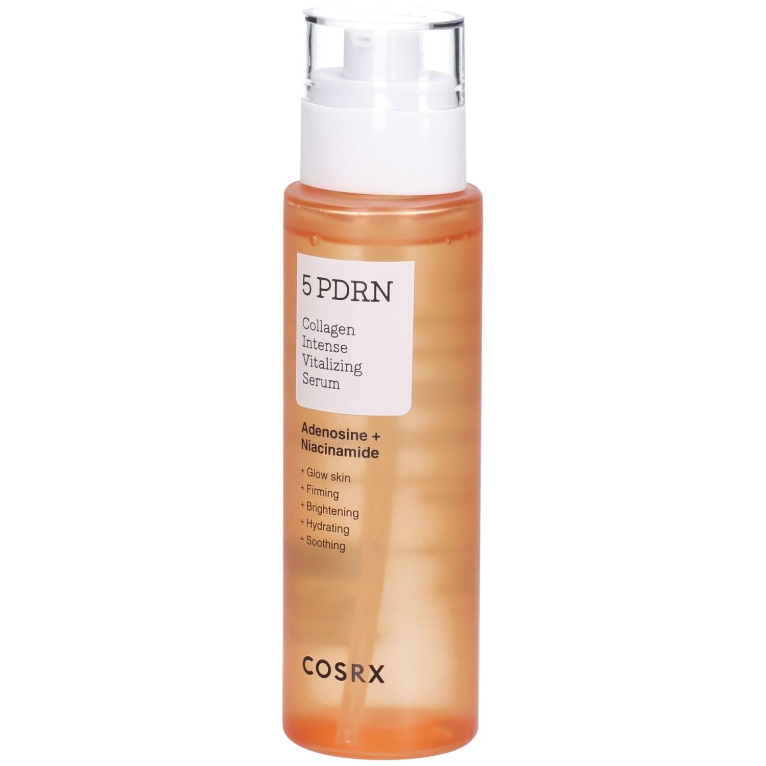 Siero COSRX 5 PDRN con dispenser. Flacone arancione con etichetta bianca e caratteristiche del prodotto.