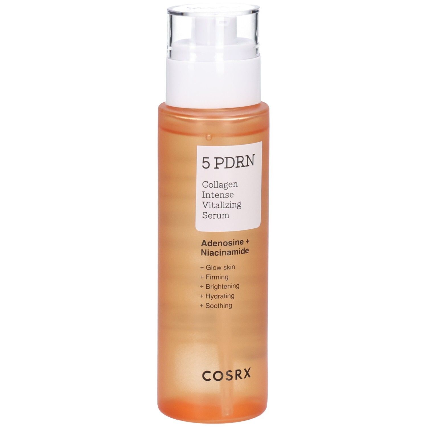 Siero COSRX 5 PDRN con dispenser. Flacone arancione con etichetta bianca.