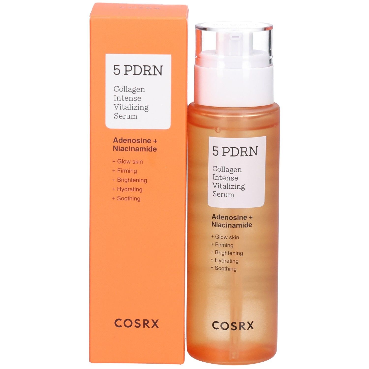 Siero COSRX 5 PDRN e la sua confezione arancione. Flacone con dispenser ed etichetta.