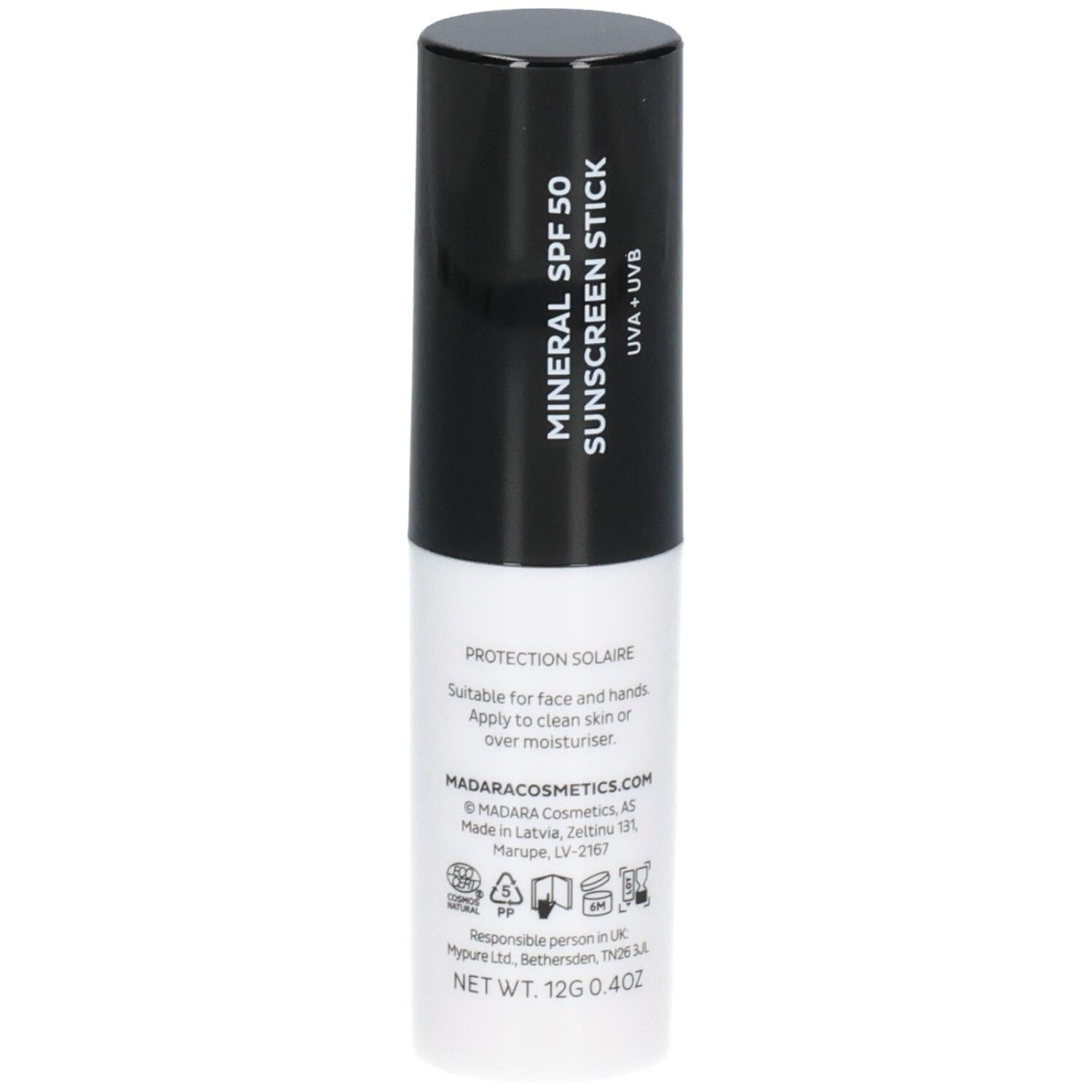 Stick solare minerale Madara SPF 50, protezione UVA+UVB, 12g.