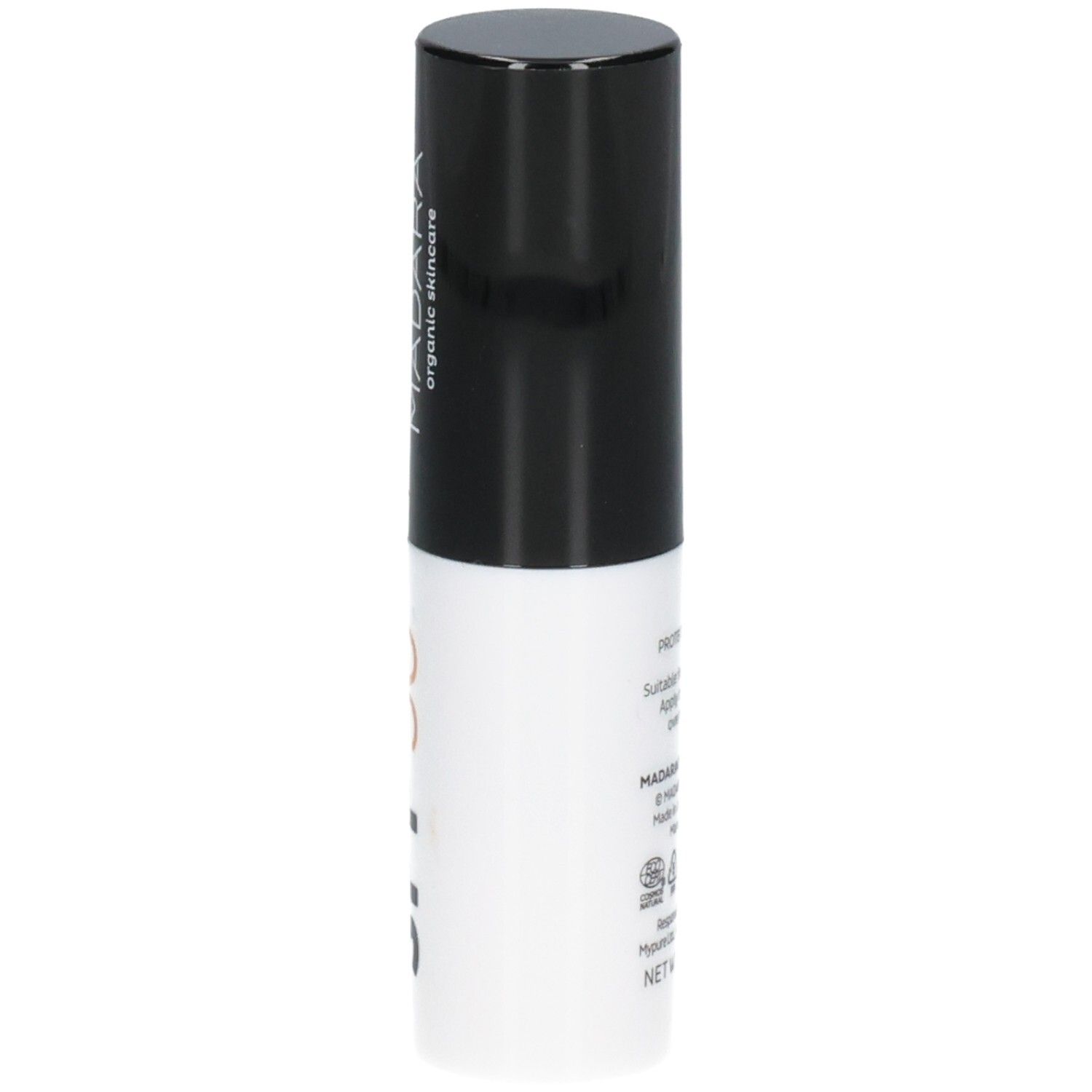 Stick solare Madara SPF 50, stick bianco con cappuccio nero e scritte.