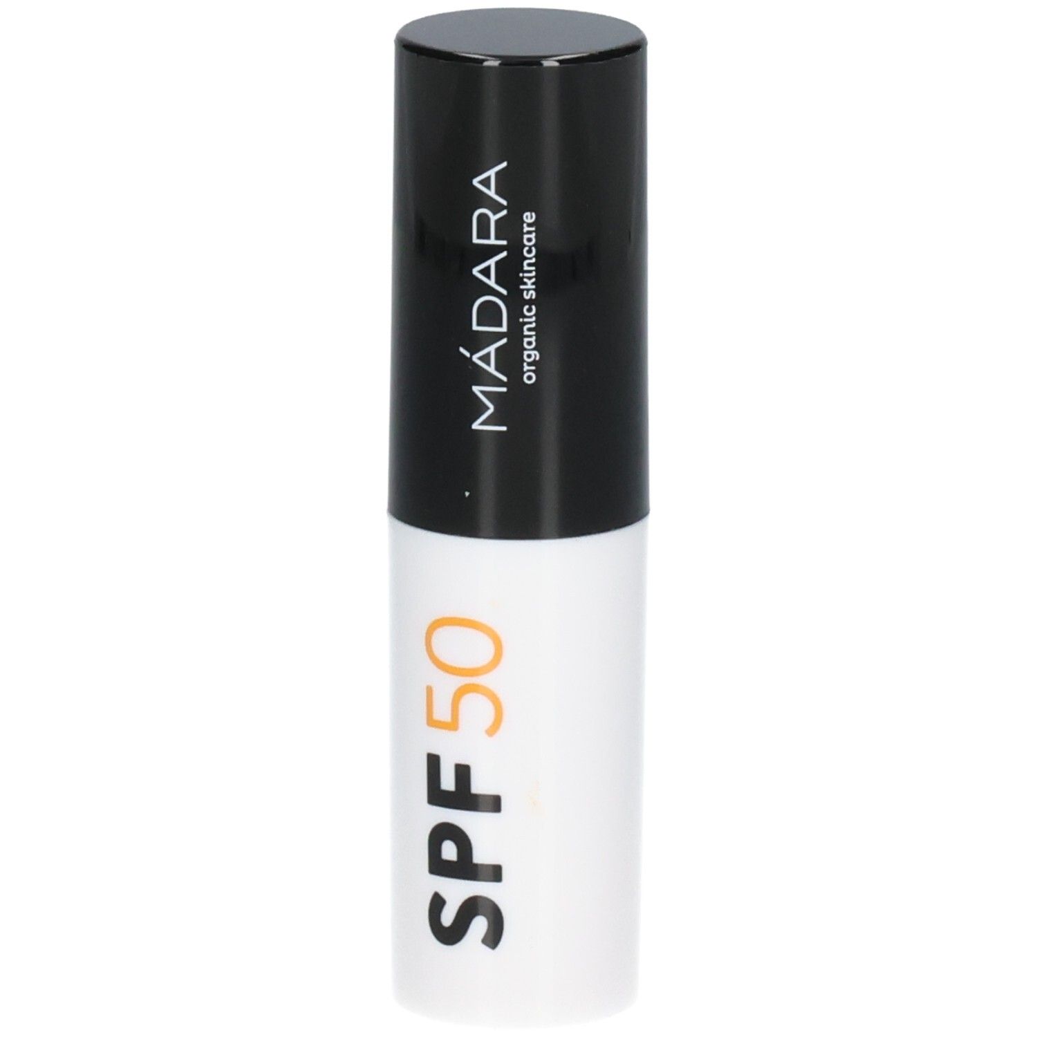 Stick solare Madara SPF 50, stick bianco con cappuccio nero.