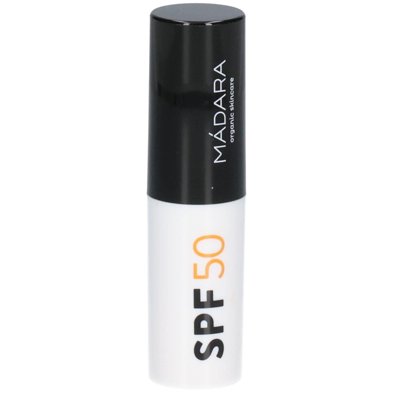 Stick solare Madara SPF 50, stick bianco con cappuccio nero e scritte.