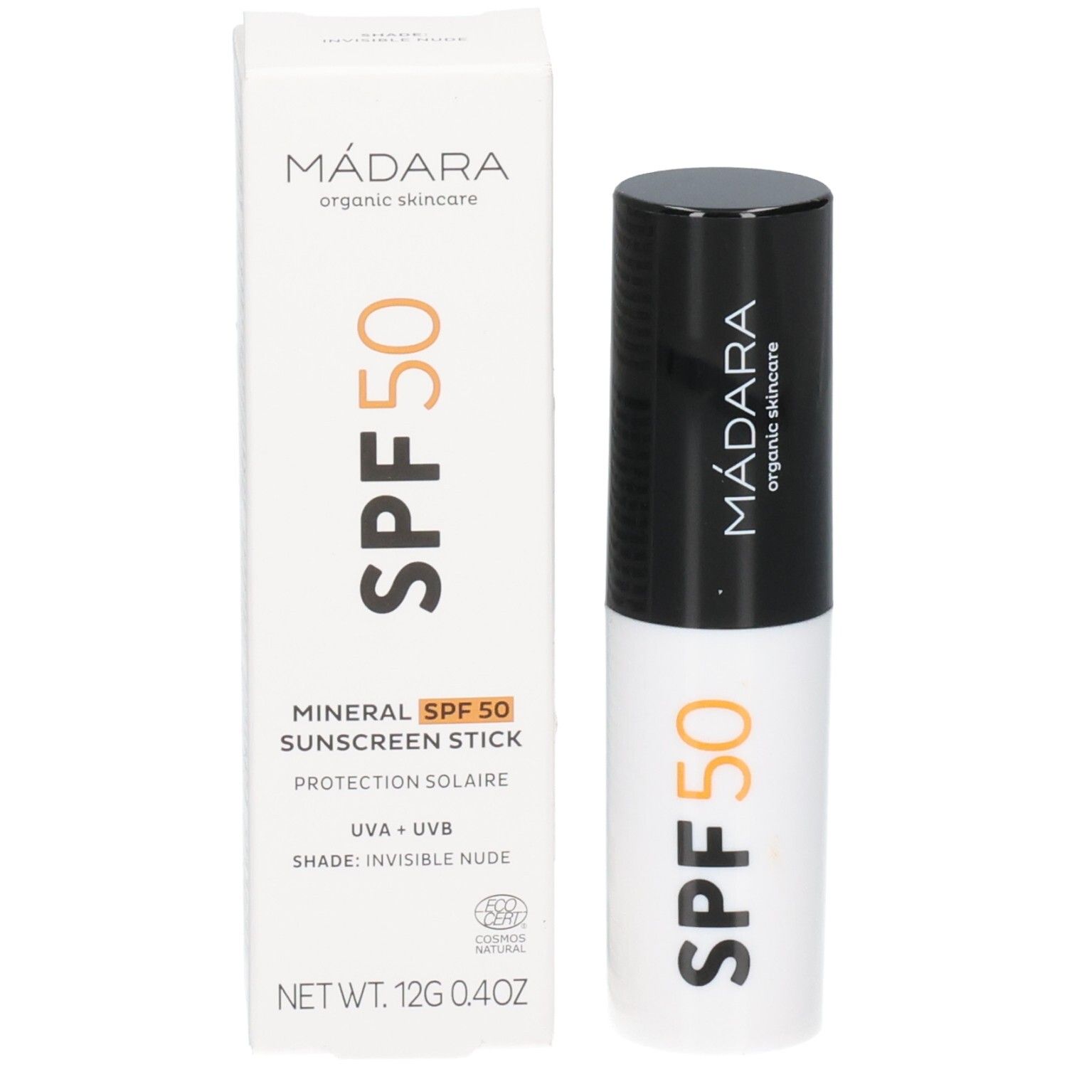Stick solare minerale Madara SPF 50 con confezione, 12g.