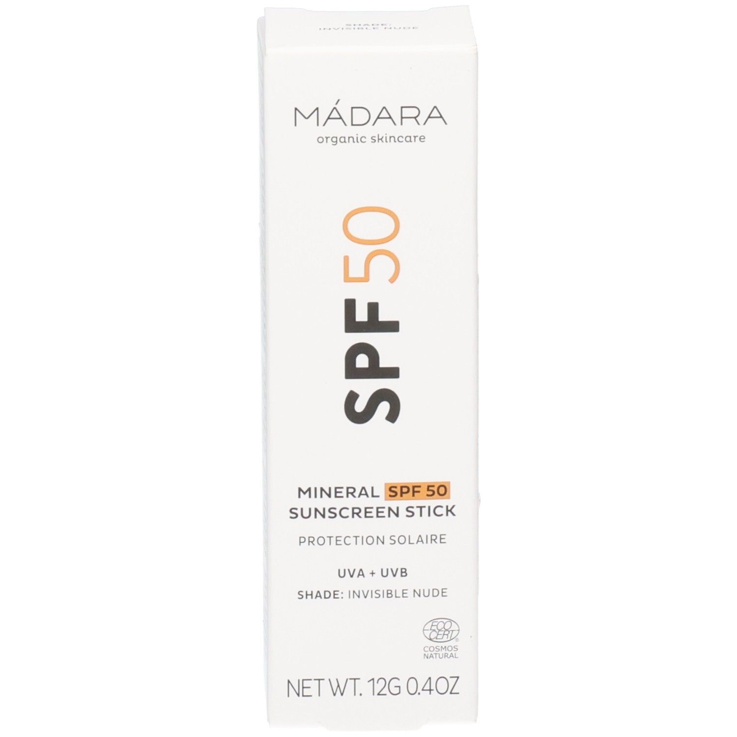 Stick solare minerale Madara SPF 50, confezione con informazioni prodotto.