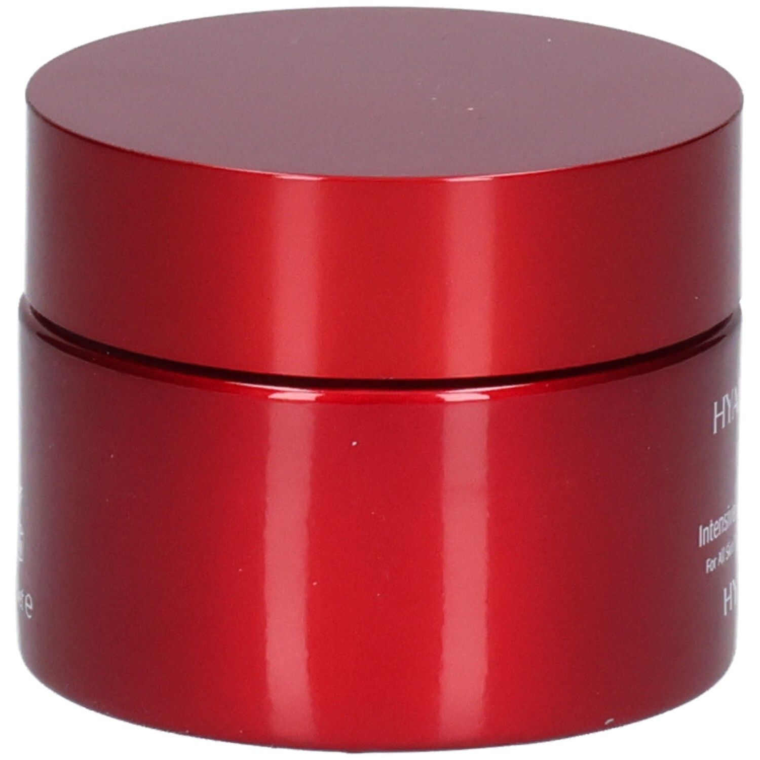 Vasetto rosso Acido Ialuronico Crema Anti-Età Intensiva, vista laterale. Scritta: HYALUXIR.