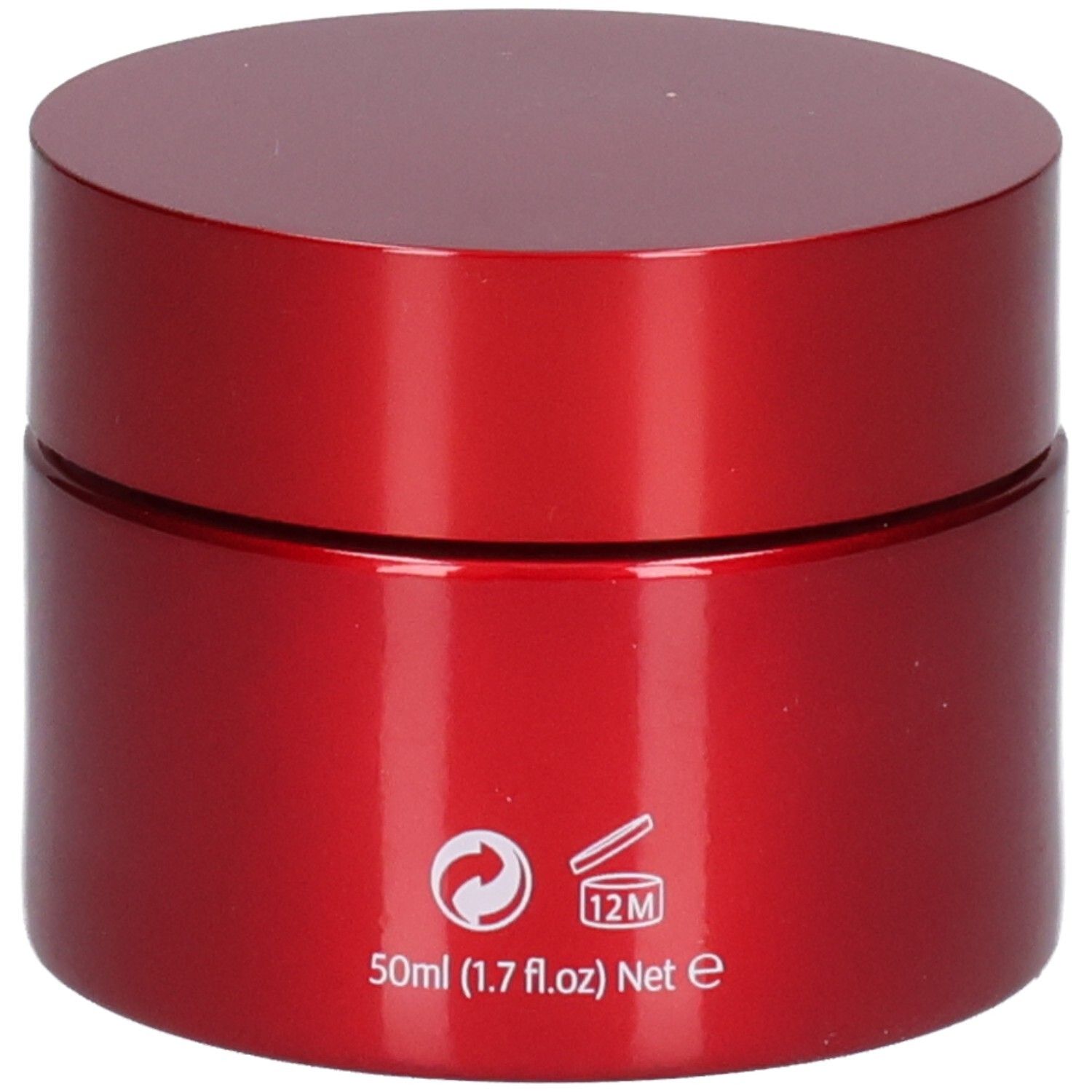 Vasetto rosso Acido Ialuronico Crema Anti-Età Intensiva, retro. Scritta: 50ml (1.7 fl.oz) Net e, 12M.