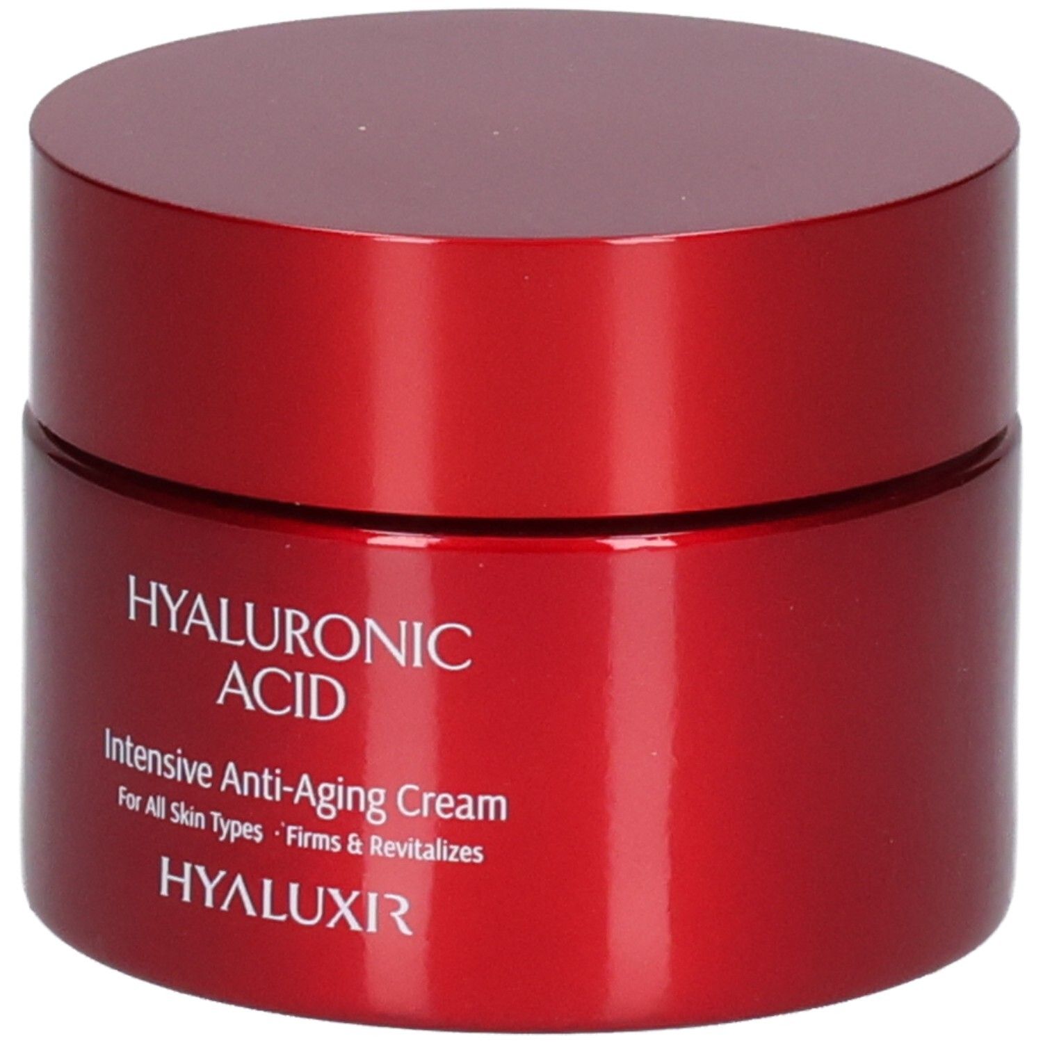 Vasetto rosso Acido Ialuronico Crema Anti-Età Intensiva. Scritta: Hyaluronic Acid, Intensive Anti-Aging Cream, For All Skin Types, Firms & Revitalizes, HYALUXIR.