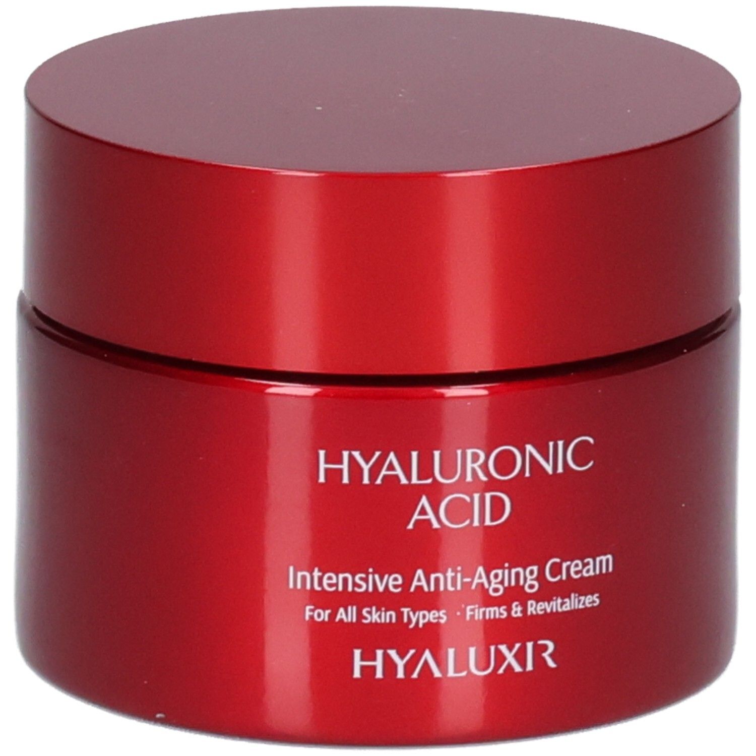 Vasetto rosso Acido Ialuronico Crema Anti-Età Intensiva. Scritta: Hyaluronic Acid, Intensive Anti-Aging Cream, For All Skin Types, Firms & Revitalizes, HYALUXIR.