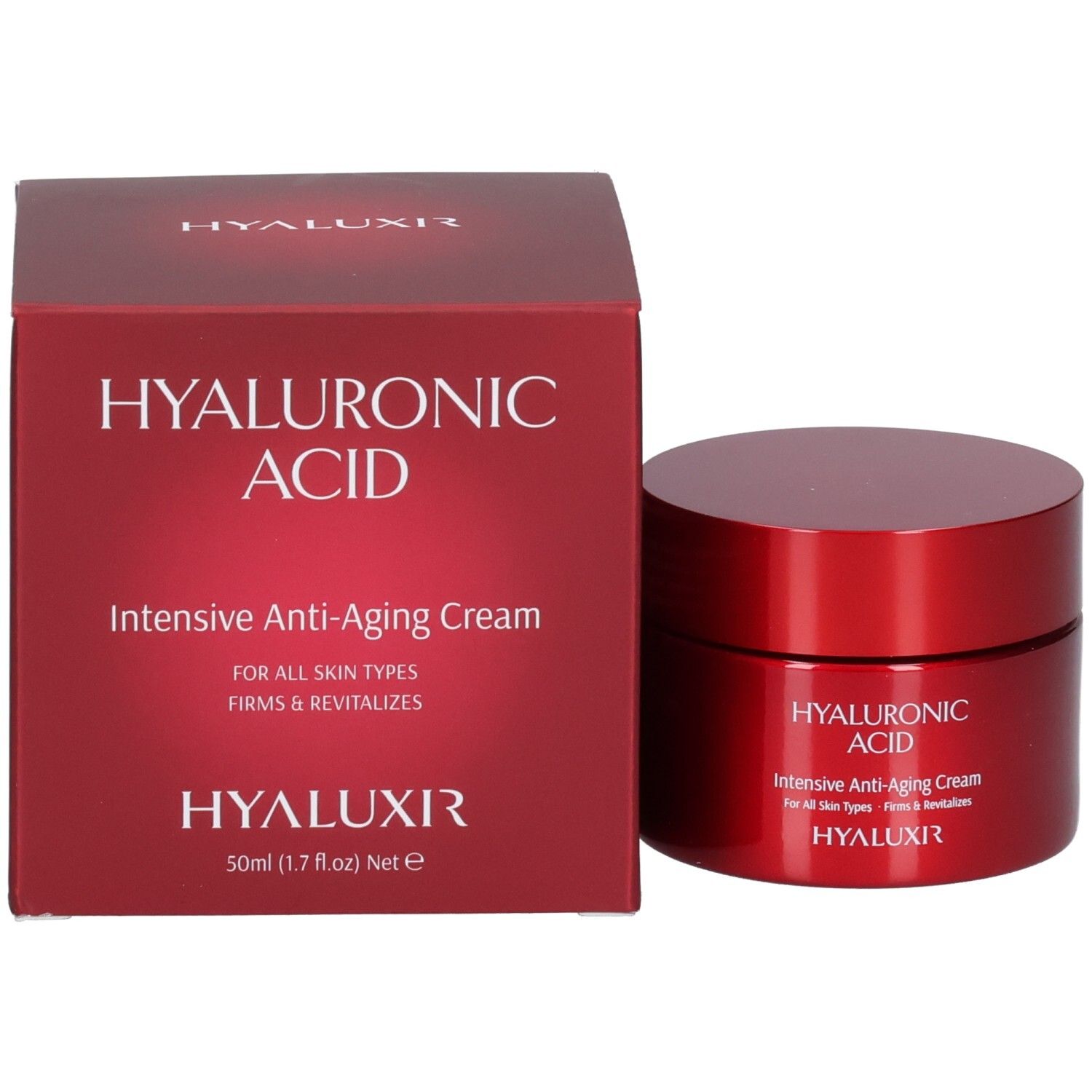 Scatola e vasetto rossi Acido Ialuronico Crema Anti-Età Intensiva. Scritta: Hyaluronic Acid, Intensive Anti-Aging Cream, For All Skin Types, Firms & Revitalizes, HYALUXIR, 50ml.