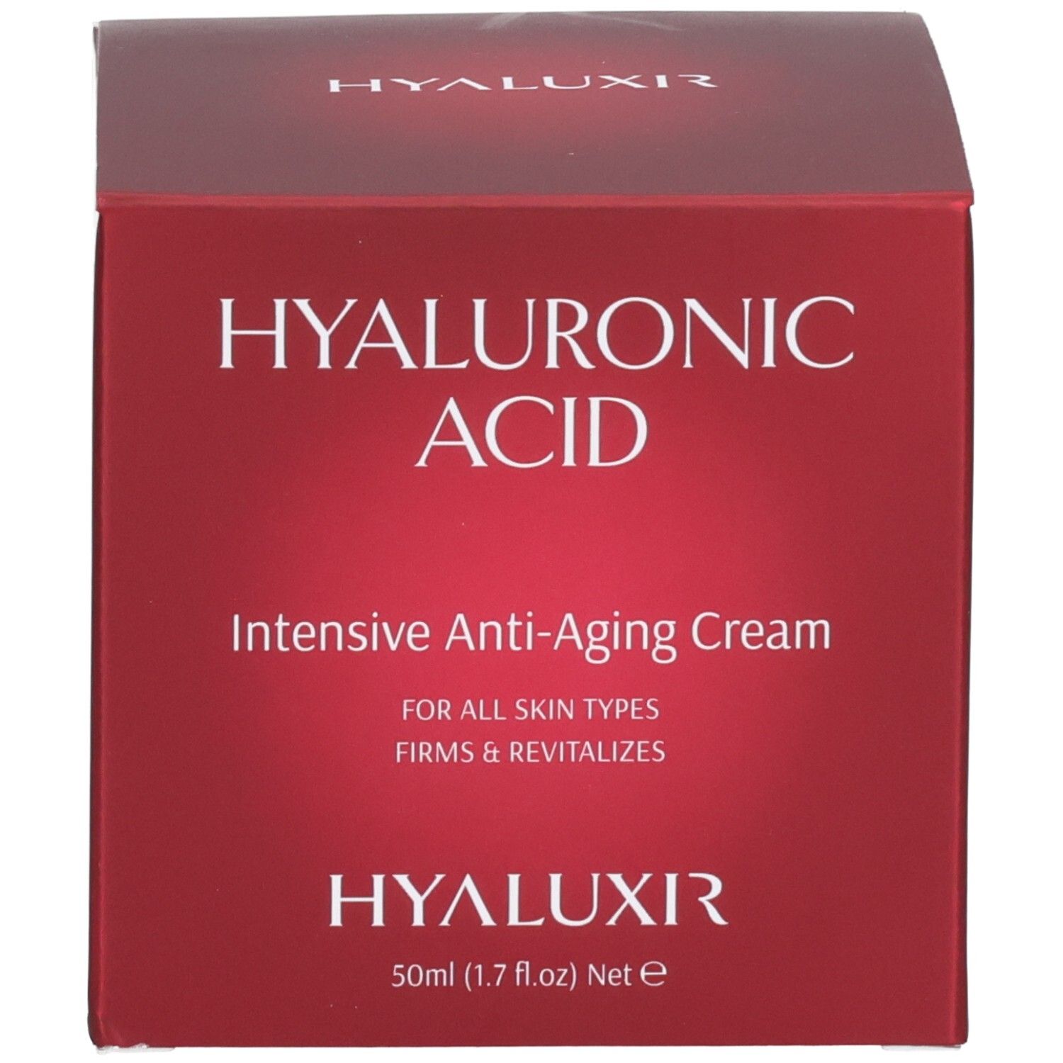 Scatola rossa Acido Ialuronico Crema Anti-Età Intensiva. Scritta: Hyaluronic Acid, Intensive Anti-Aging Cream, For All Skin Types, Firms & Revitalizes, HYALUXIR, 50ml.