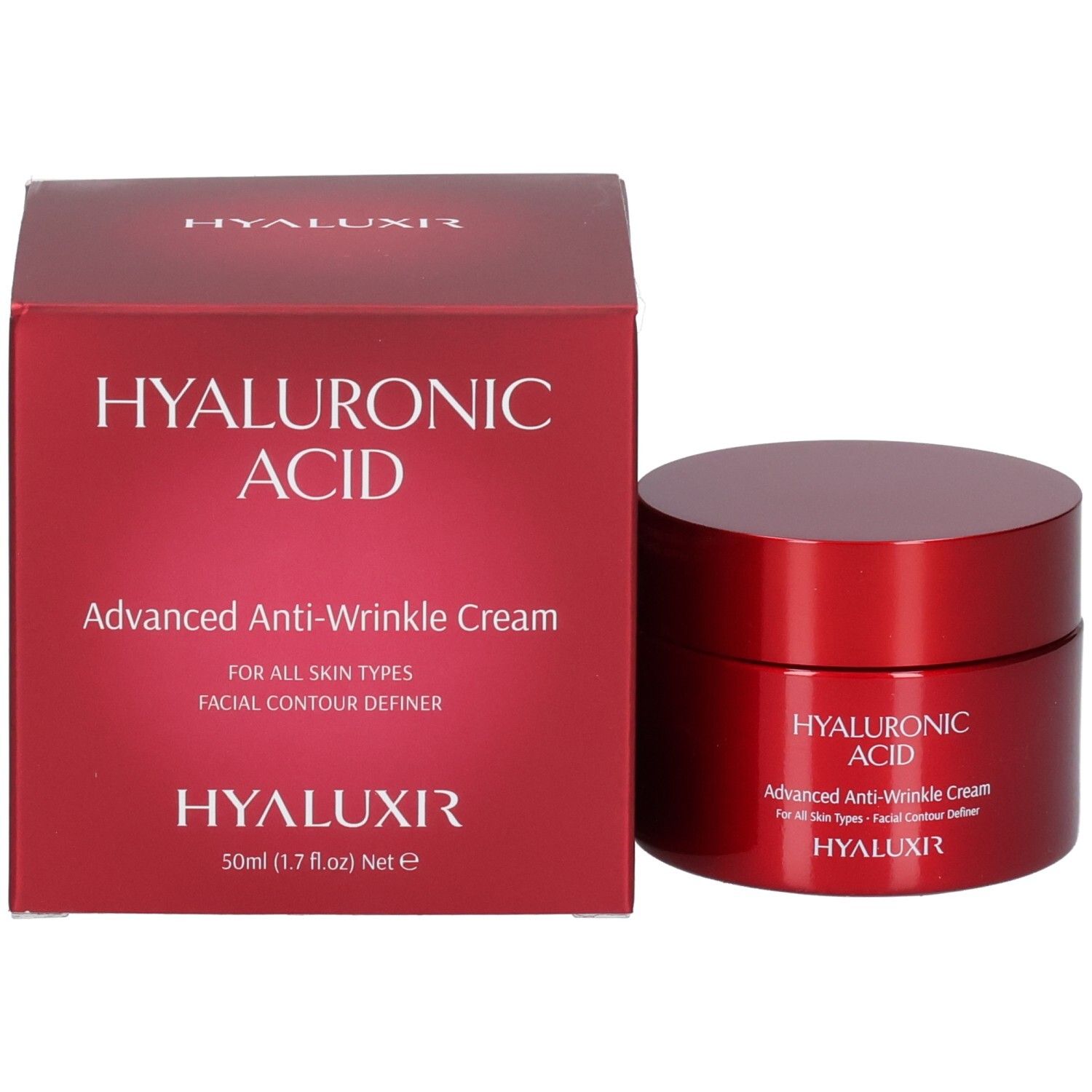 Scatola e vasetto rossi con acido ialuronico, crema avanzata antirughe, 50ml (1.7 fl.oz) Net e, HYALUXIR.