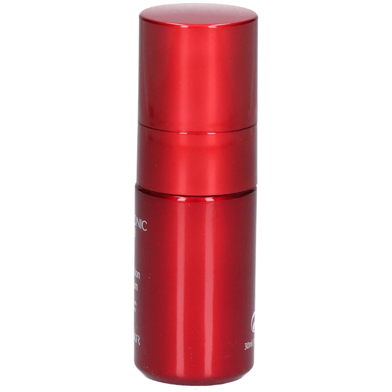 Flacone rosso per contorno occhi, visto di lato. Acido ialuronico.