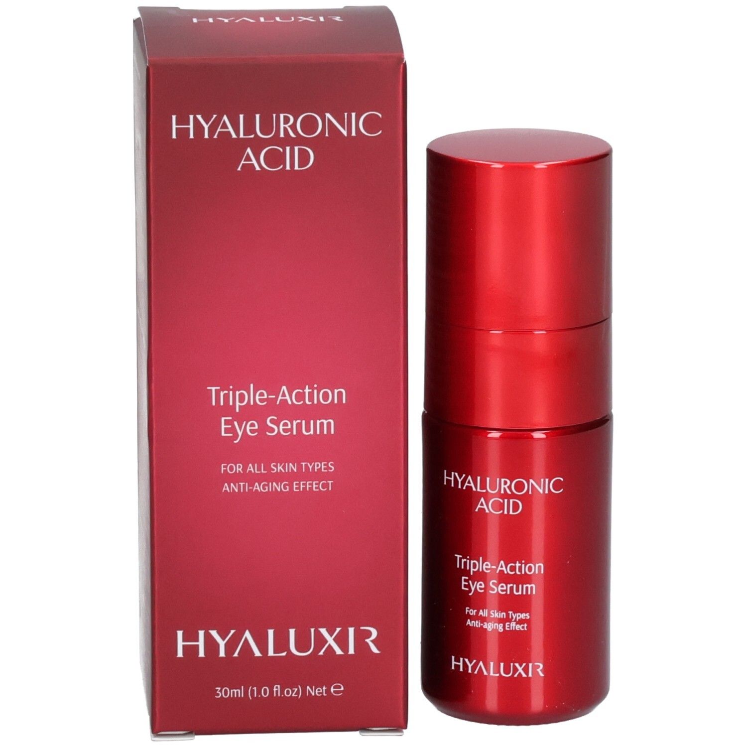 Scatola pieghevole rossa e flacone per contorno occhi. Acido ialuronico, Triple-Action Eye Serum.