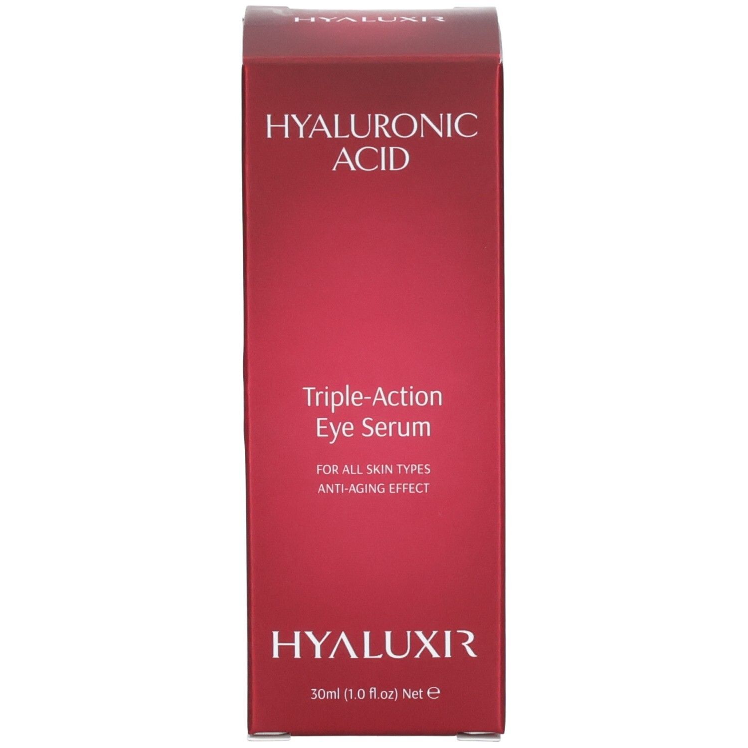 Scatola pieghevole rossa per contorno occhi. Acido ialuronico, Triple-Action Eye Serum, 30ml.