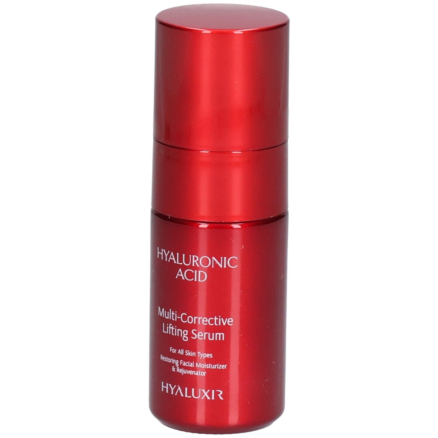 Flacone rosso di siero lifting all'acido ialuronico. Contiene 30ml.