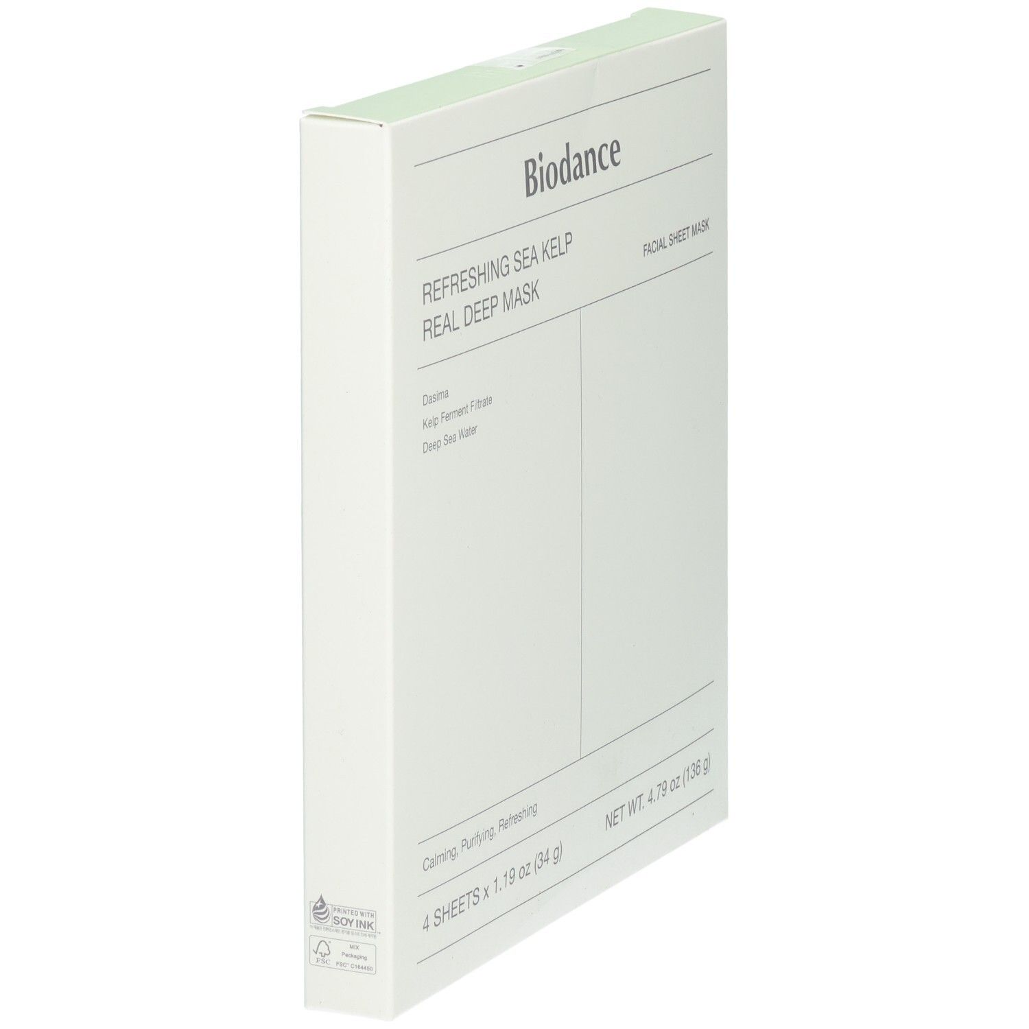 Vista laterale della confezione Biodance Refreshing Sea Kelp Real Deep Mask, 4 maschere viso.