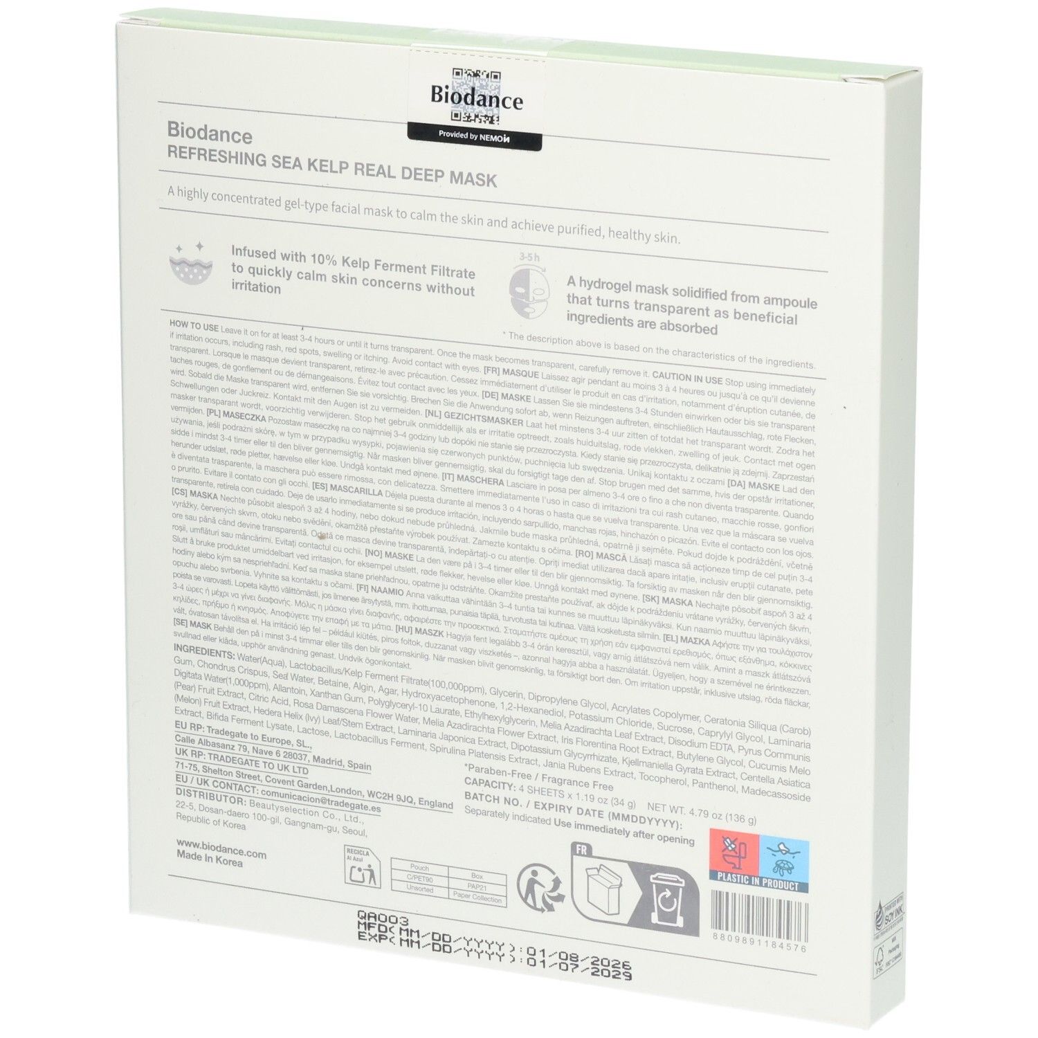 Retro della confezione Biodance Refreshing Sea Kelp Real Deep Mask con informazioni sul prodotto.