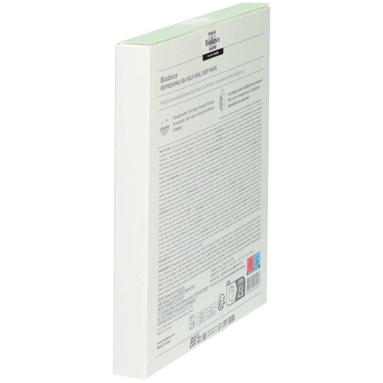 Vista laterale della confezione Biodance Refreshing Sea Kelp Real Deep Mask con informazioni sul prodotto.