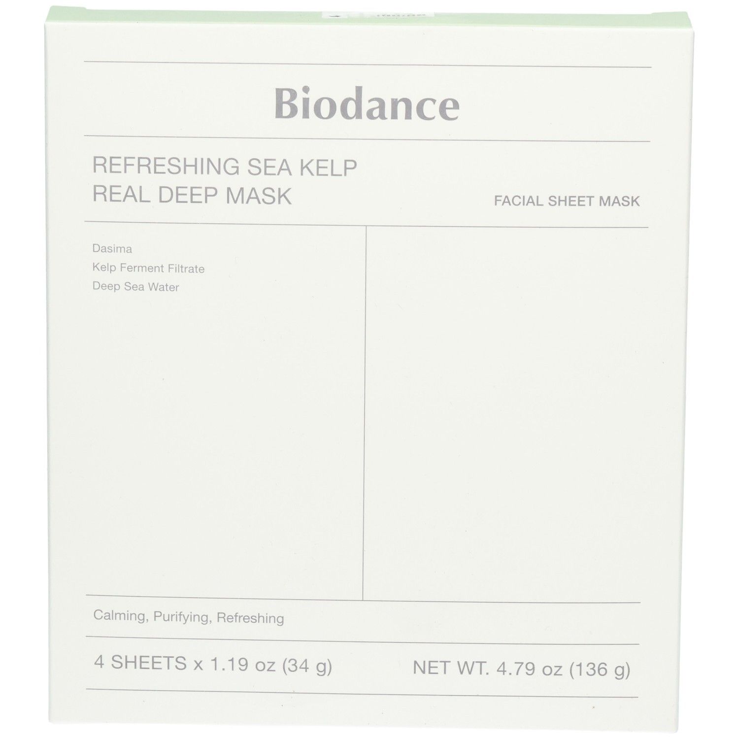 Fronte della confezione Biodance Refreshing Sea Kelp Real Deep Mask, 4 maschere viso.
