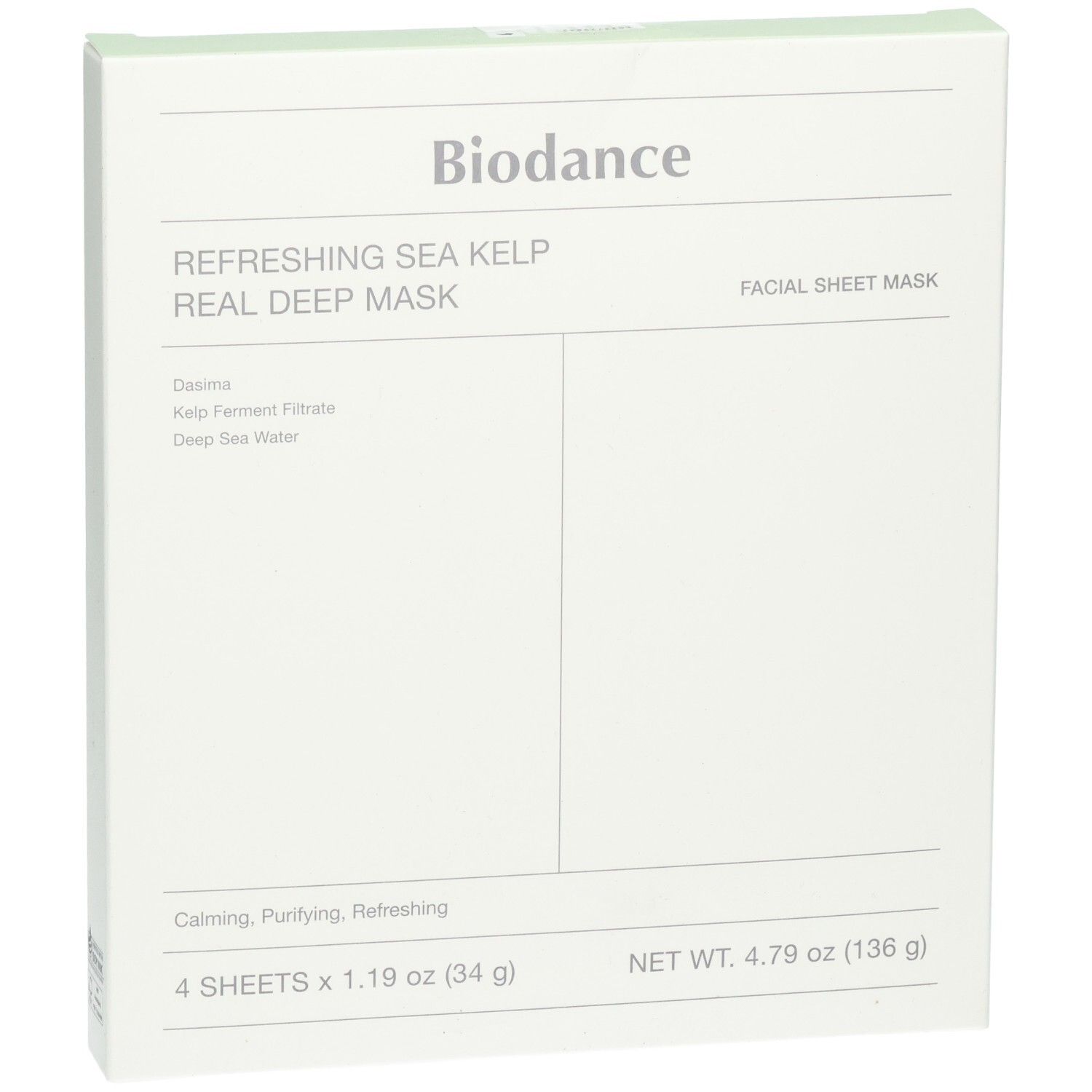 Fronte della confezione Biodance Refreshing Sea Kelp Real Deep Mask, 4 maschere viso.