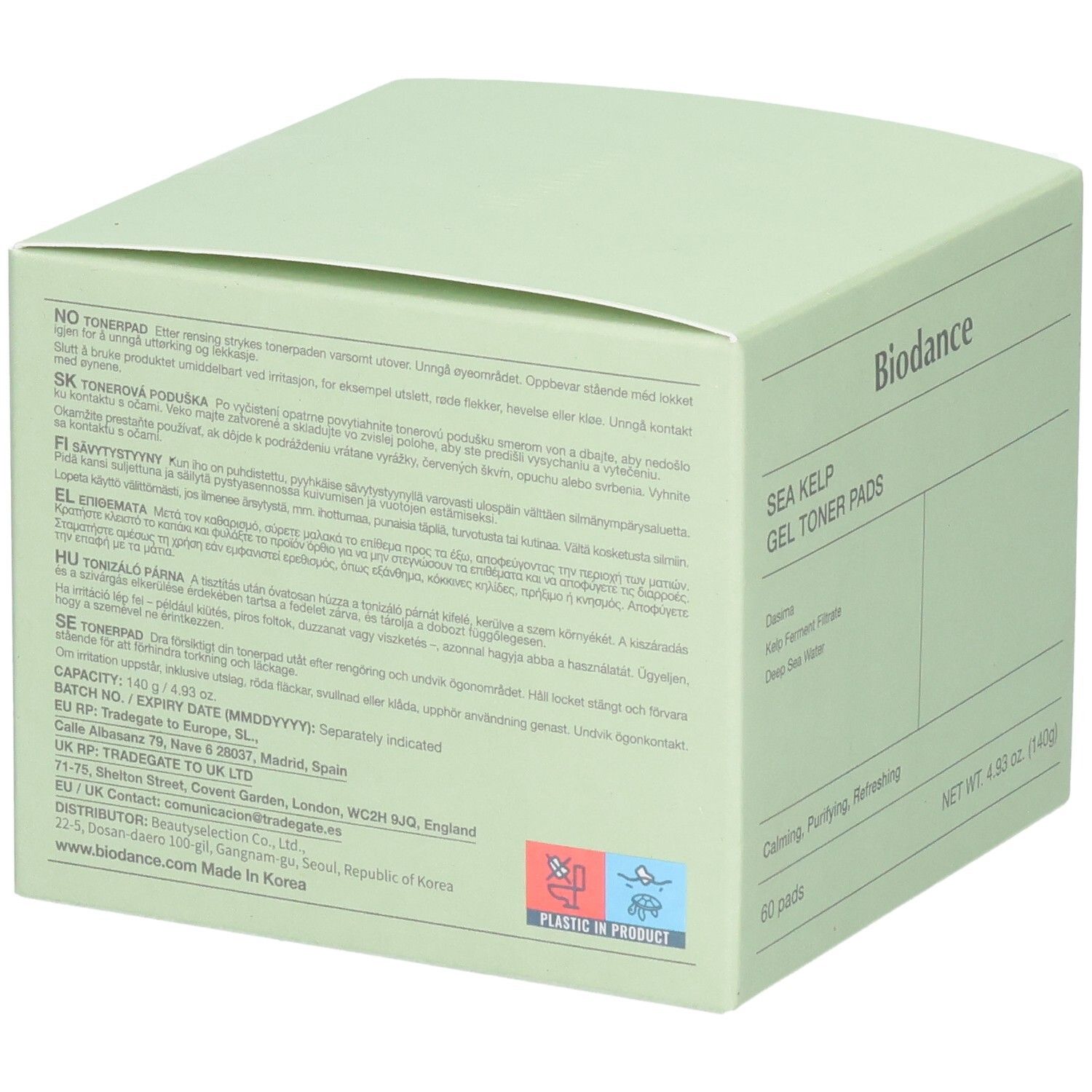 Retro della confezione Biodance Sea Kelp Gel Toner Pads con informazioni multilingue.