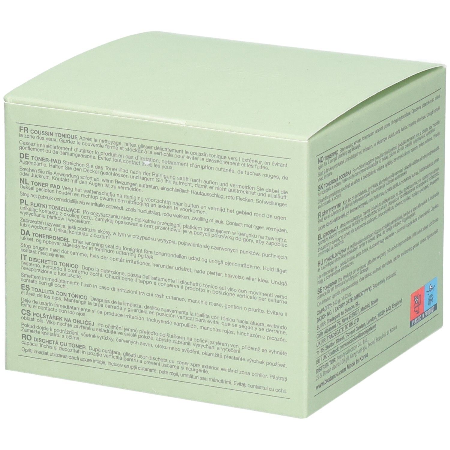 Vista laterale della confezione Biodance Sea Kelp Gel Toner Pads con istruzioni per l'uso.