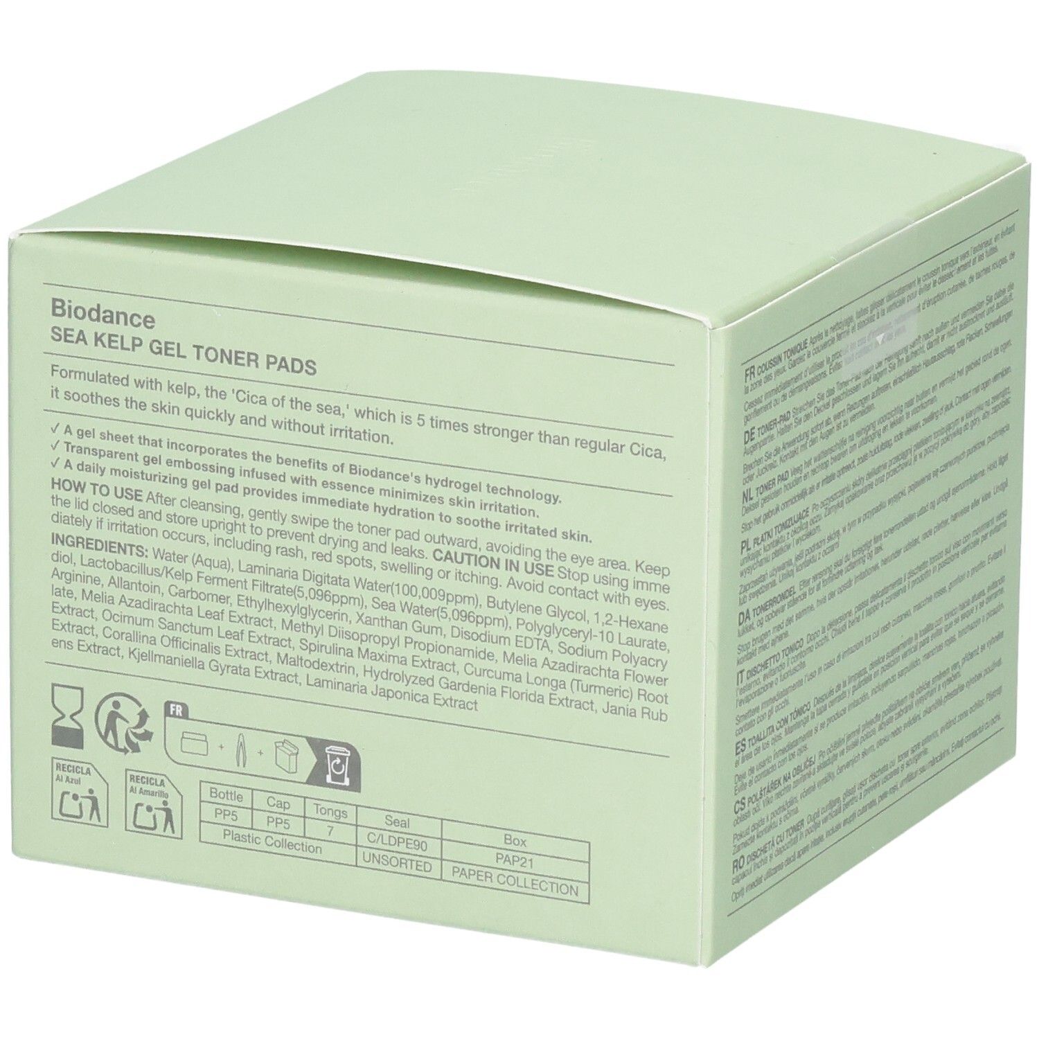 Vista dettagliata della confezione Biodance Sea Kelp Gel Toner Pads con ingredienti.