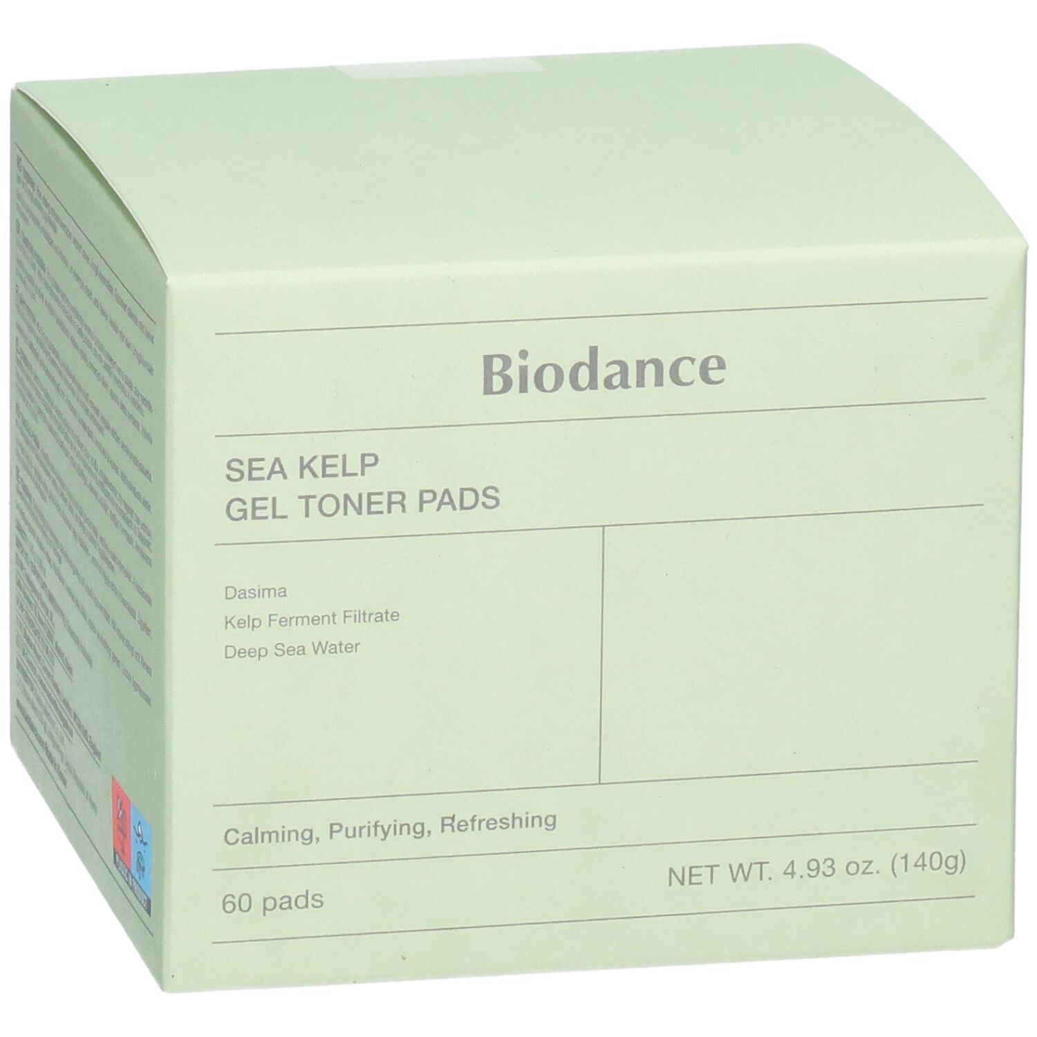 Vista prospettica della confezione Biodance Sea Kelp Gel Toner Pads, 60 dischetti.