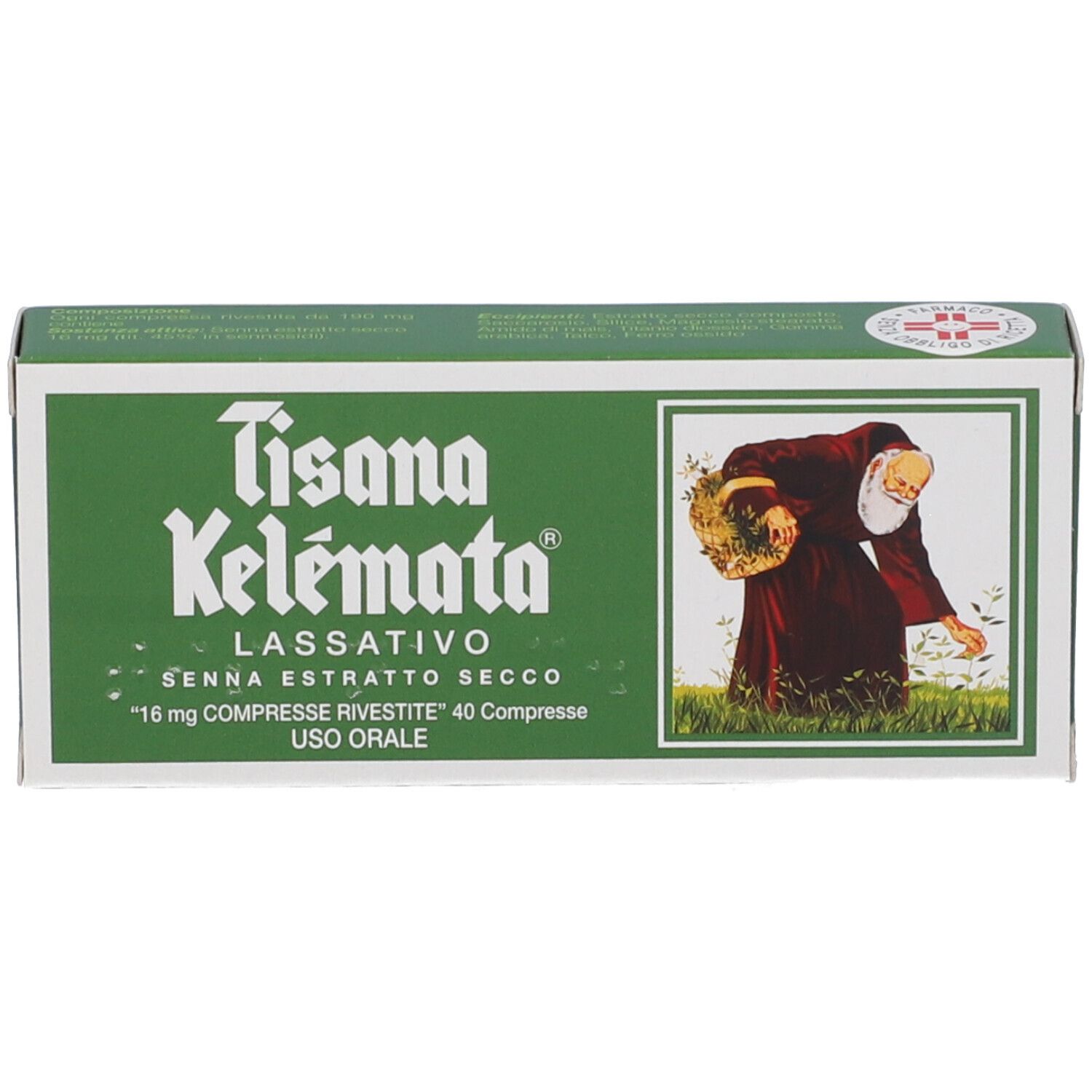 Scatola verde con nome del prodotto e illustrazione. Testo: 16 mg COMPRESSE RIVESTITE 40 Compresse. Uso orale.