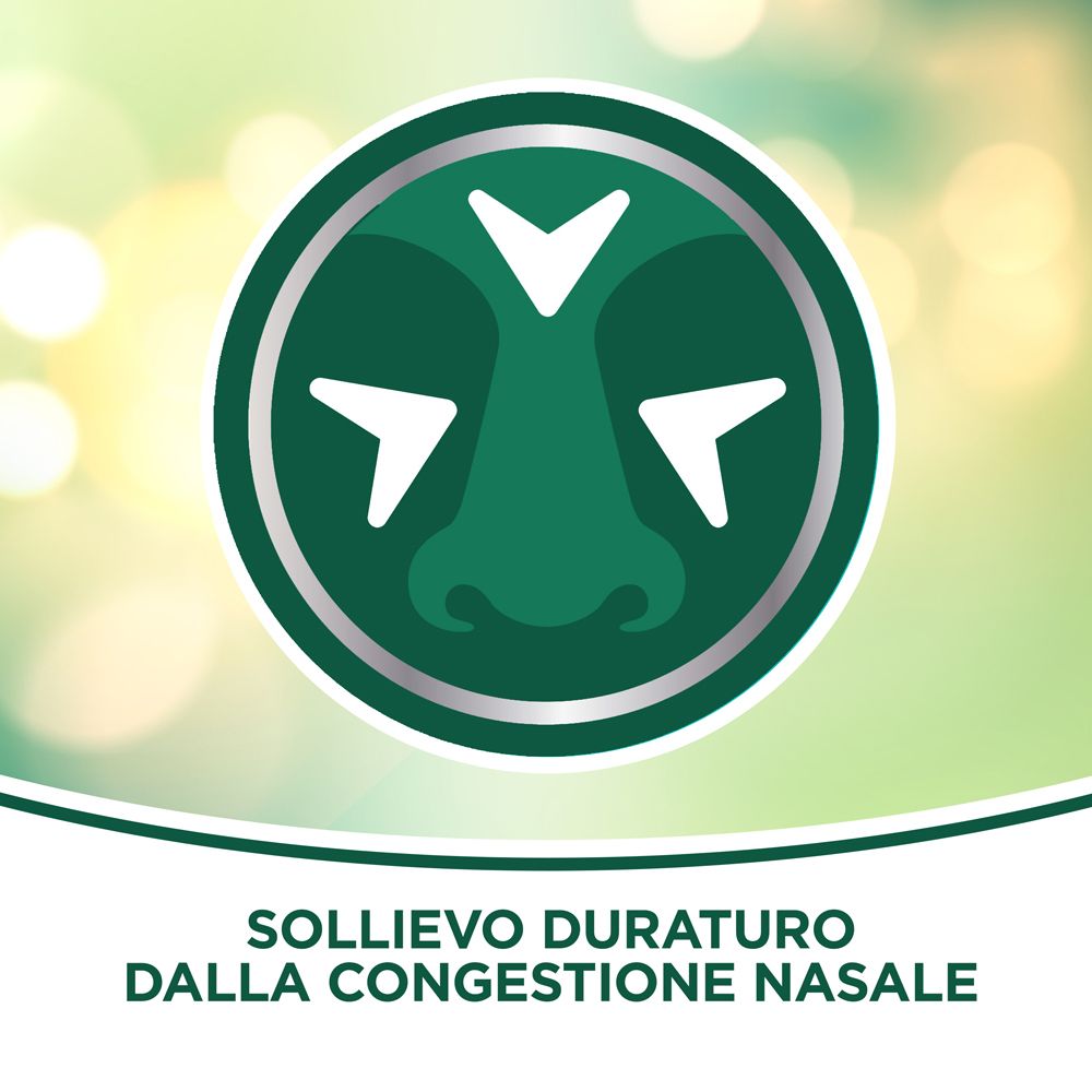 Cerchio con simbolo naso. Testo: SOLLIEVO DURATURO DALLA CONGESTIONE NASALE.