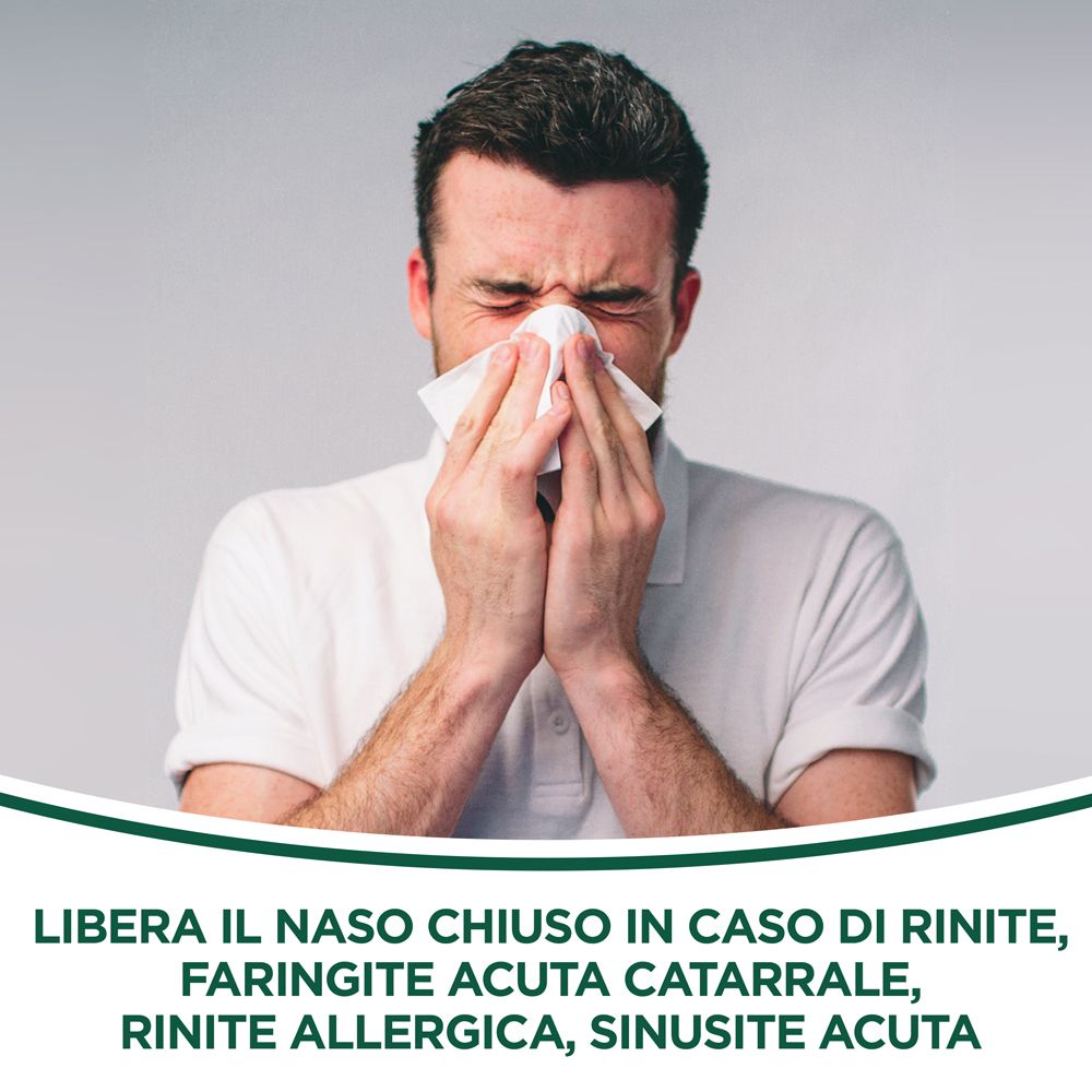 Uomo con fazzoletto. Testo: LIBERA IL NASO CHIUSO IN CASO DI... RINITE, FARINGITE... SINUSITE ACUTA.