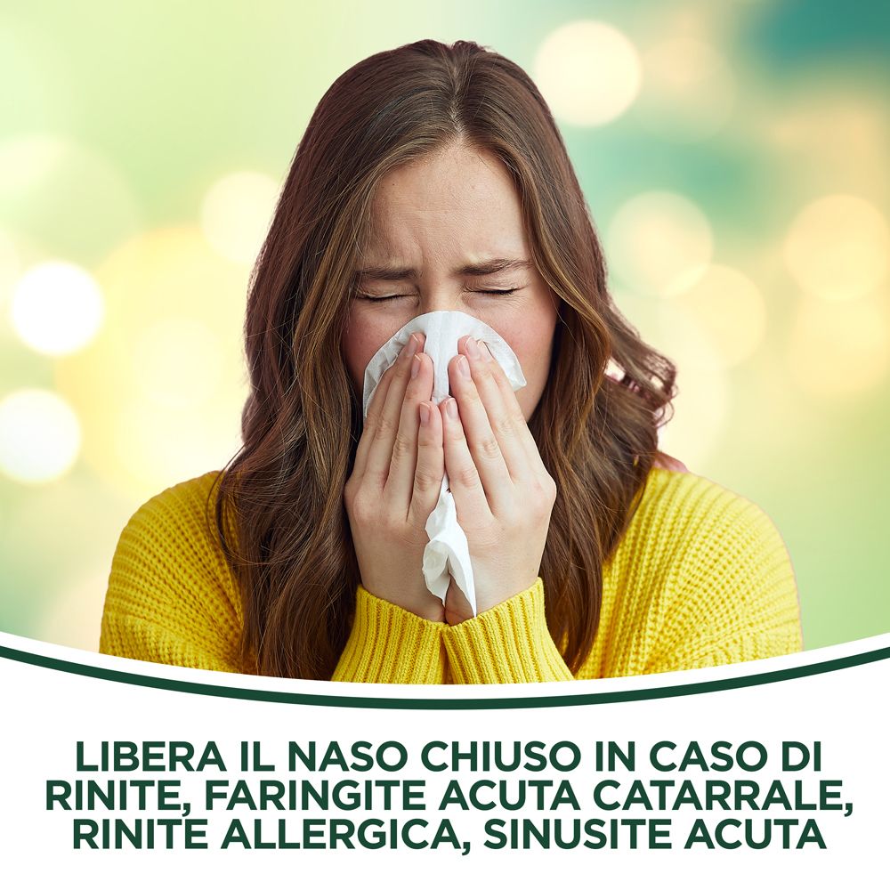 Donna con fazzoletto. Testo: LIBERA IL NASO CHIUSO... SINUSITE ACUTA.