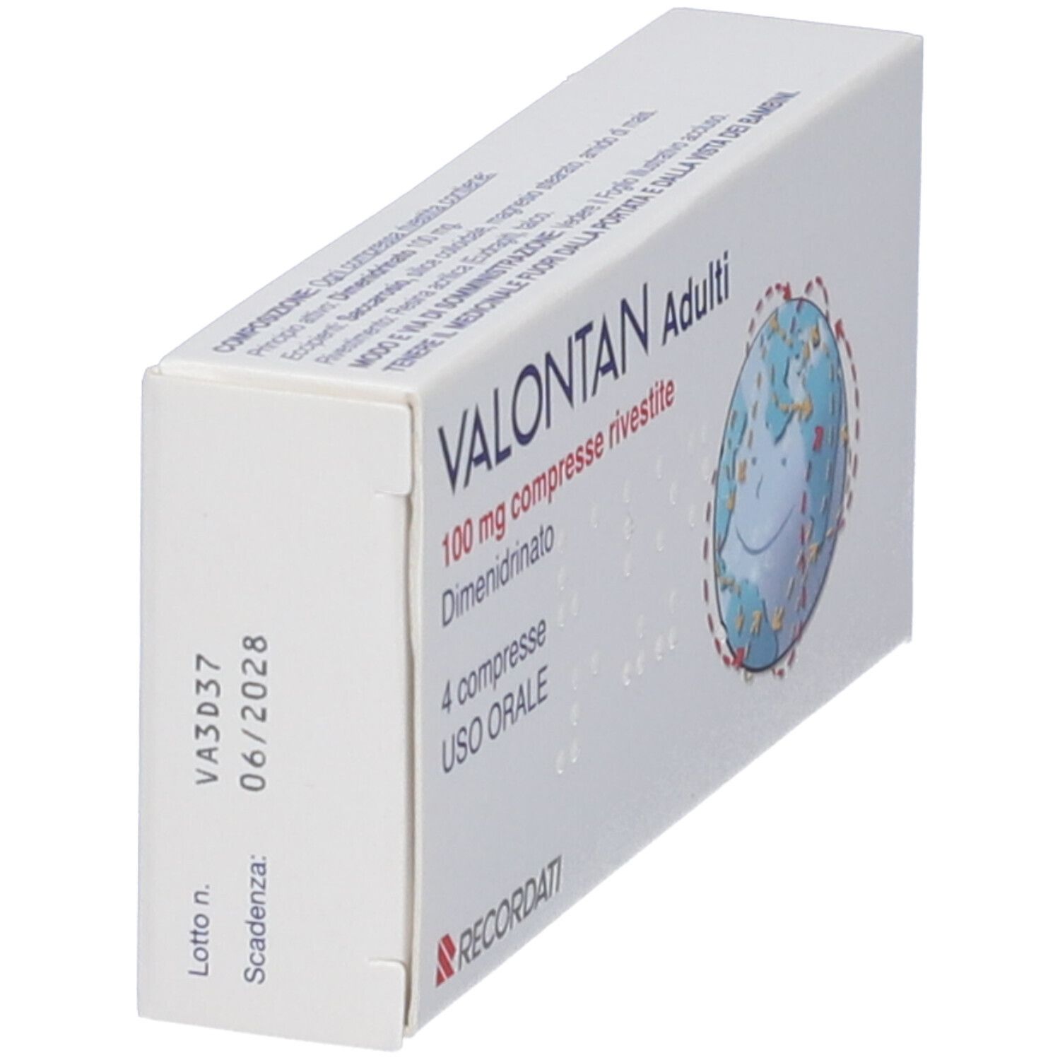 Scatola VALONTAN Adulti. Retro con testo, codice a barre e scadenza 06/2028. Vista obliqua.