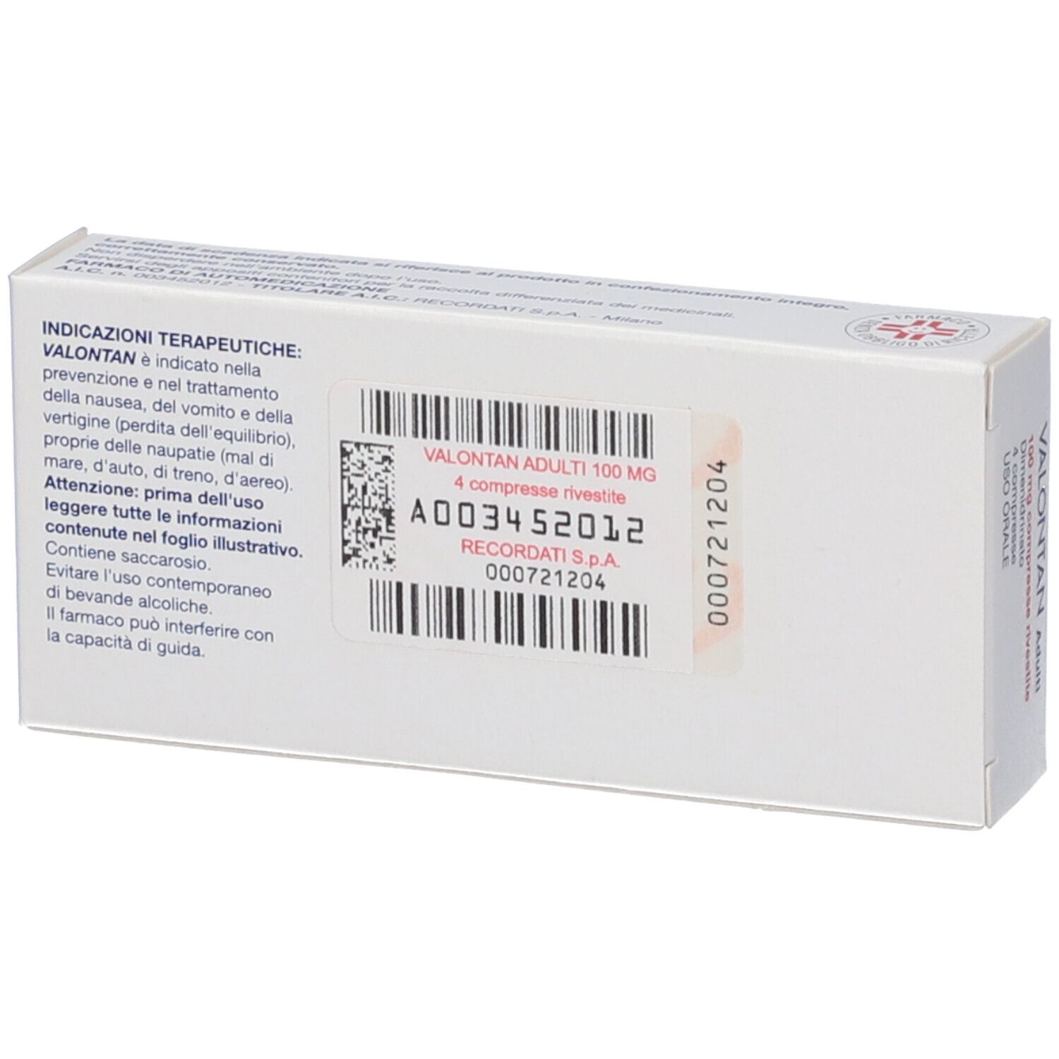 Retro scatola VALONTAN Adulti. Testo, codice a barre, numero di lotto. Etichetta RECORDATI S.p.A.