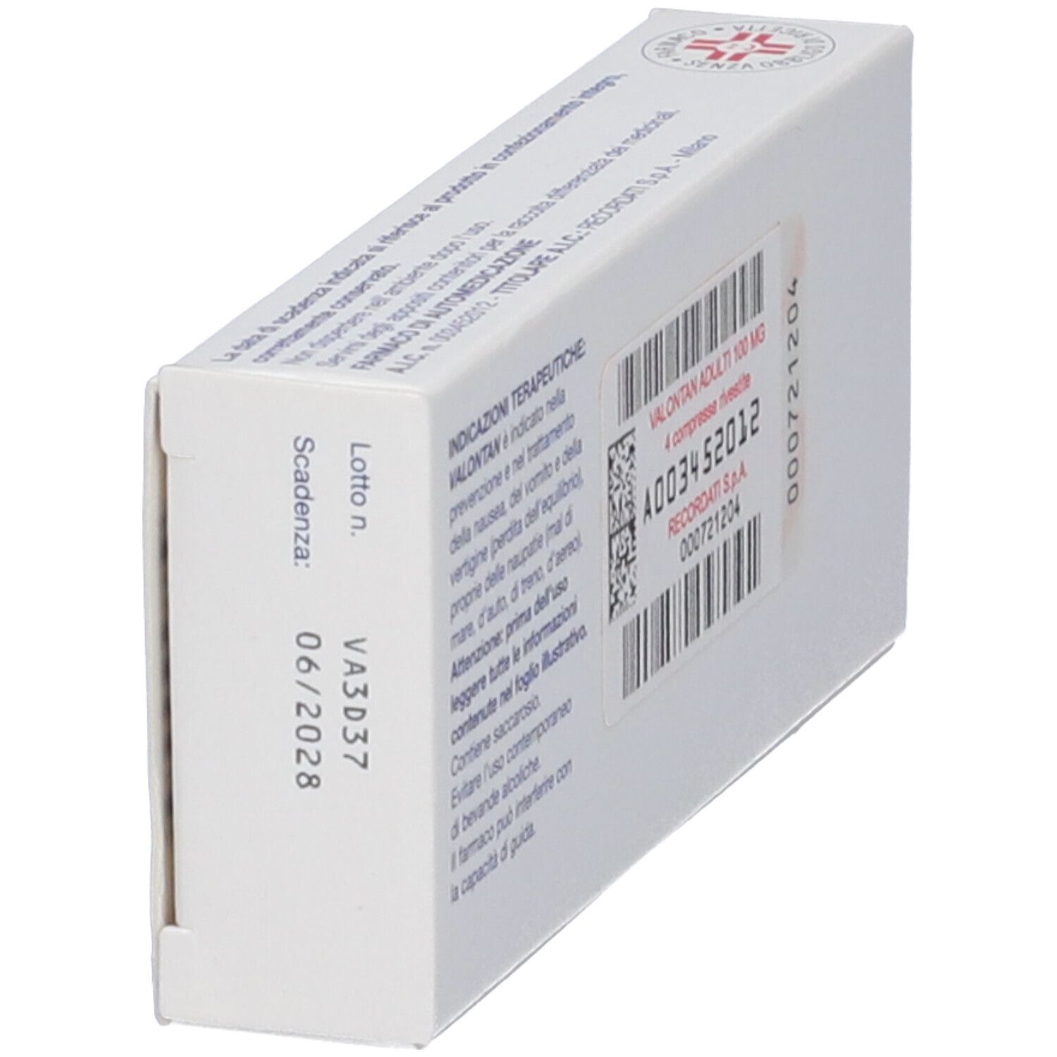 Scatola VALONTAN Adulti. Retro con testo, codice a barre e scadenza 06/2028. Vista obliqua.