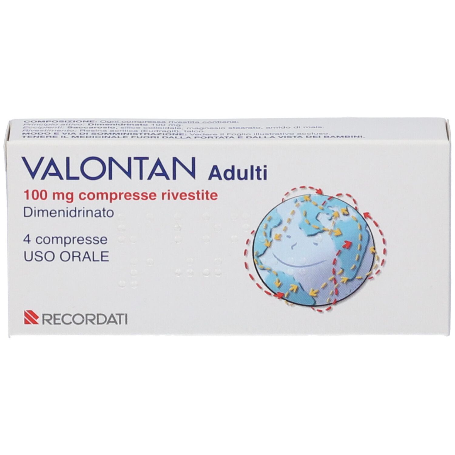 Scatola VALONTAN Adulti, 100 mg compresse rivestite. 4 compresse. Logo OTC. Design mappa del mondo.