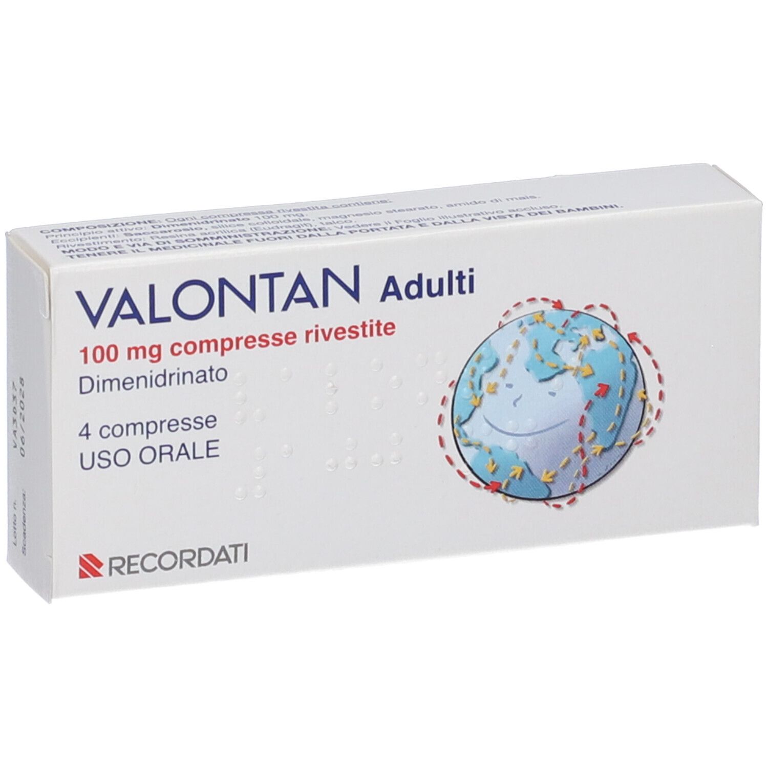 Scatola VALONTAN Adulti, 100 mg compresse rivestite. 4 compresse. Logo OTC. Design mappa del mondo.