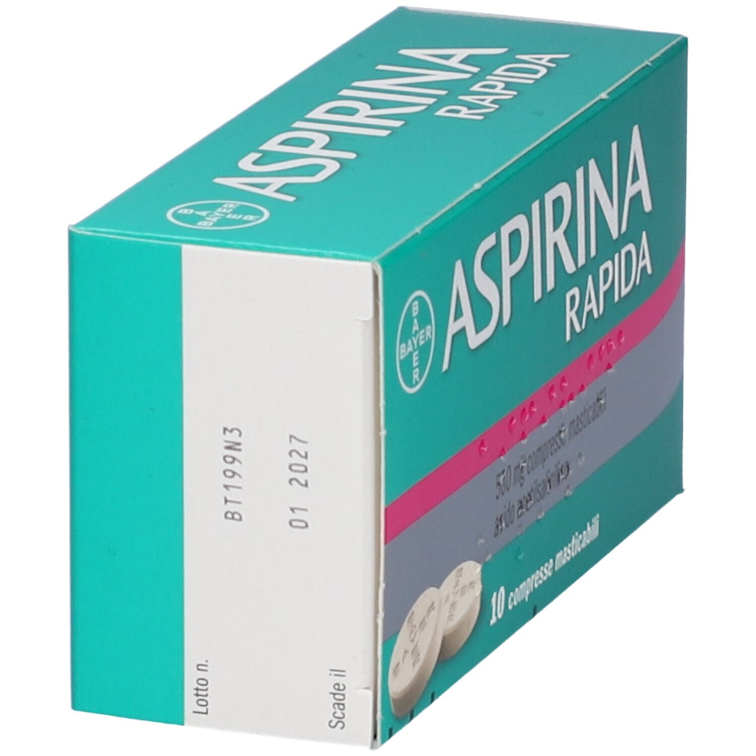 Scatola turchese con scritta bianca ASPIRINA Rapida. Due compresse davanti. Logo Bayer.