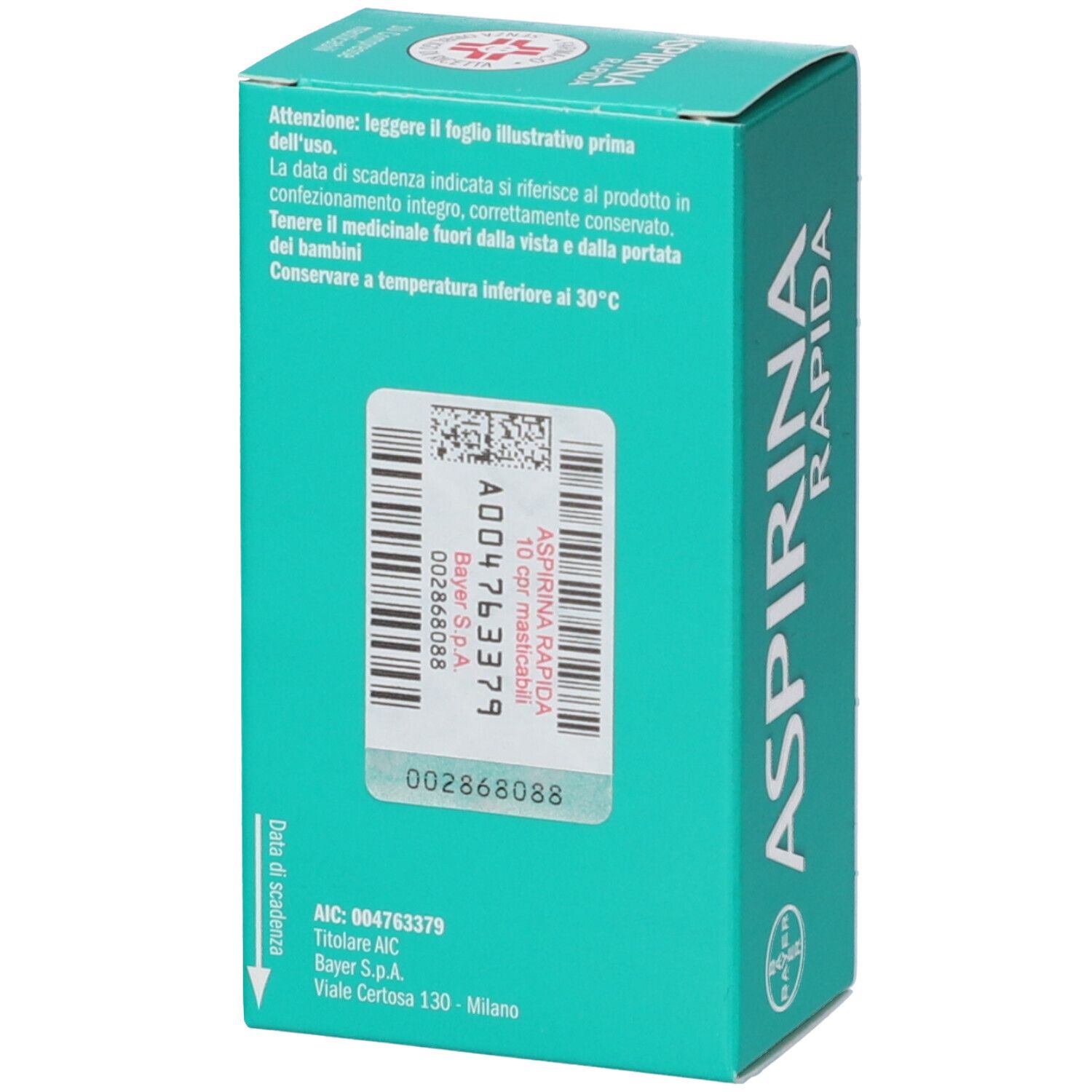 Scatola turchese con logo ASPIRINA RAPIDA. Retro con informazioni e codice a barre.