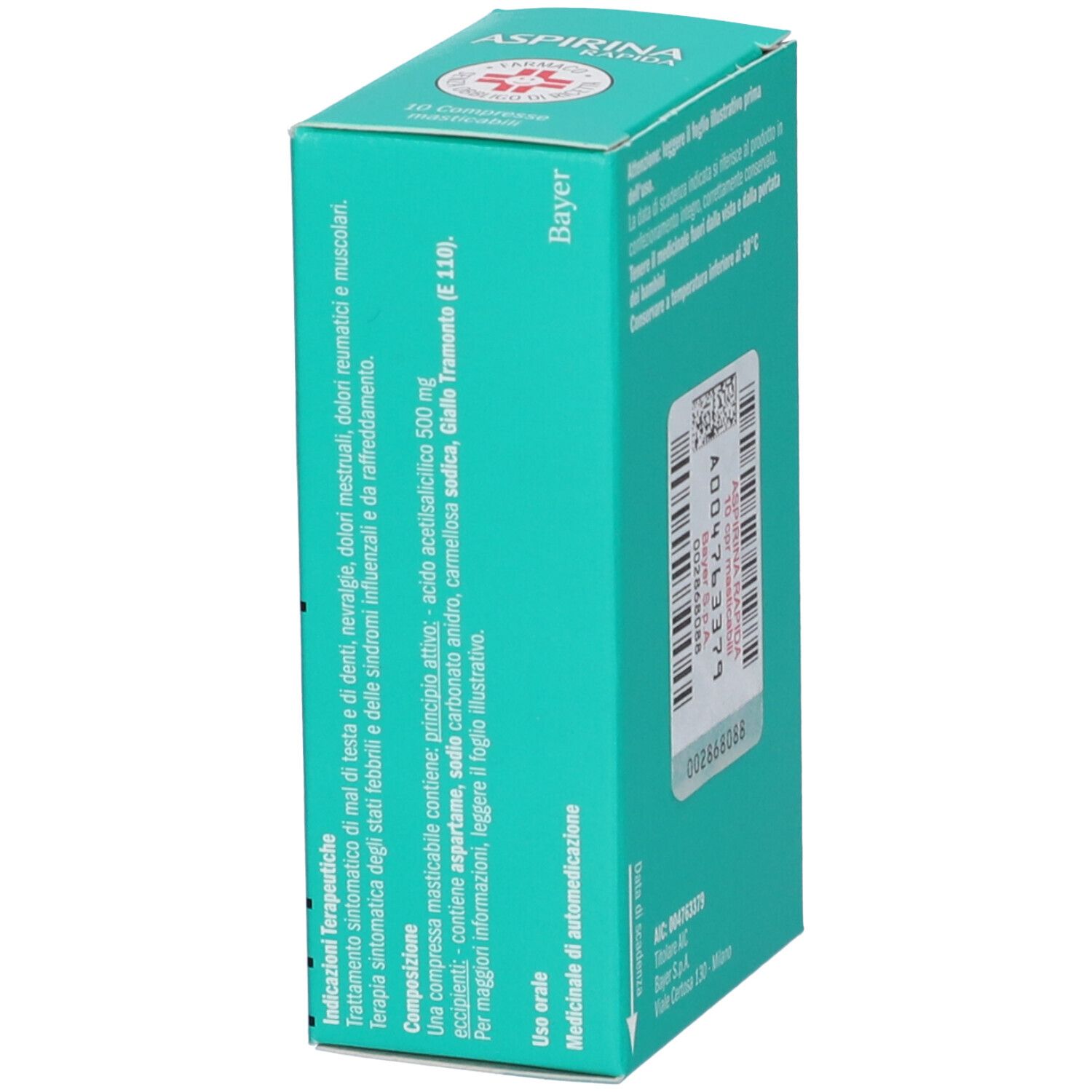 Scatola turchese con testo e logo Bayer. Retro con testo in italiano.