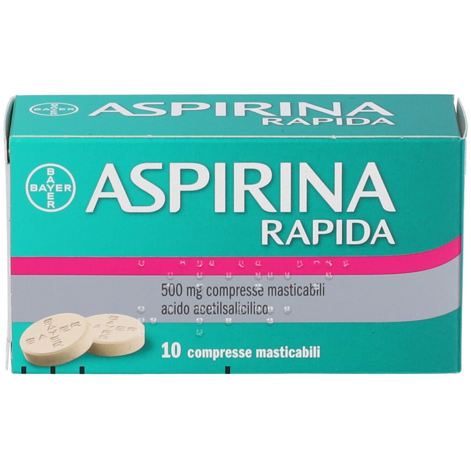 Scatola turchese con logo ASPIRINA RAPIDA e compresse. Contiene 10 compresse. Logo Bayer.
