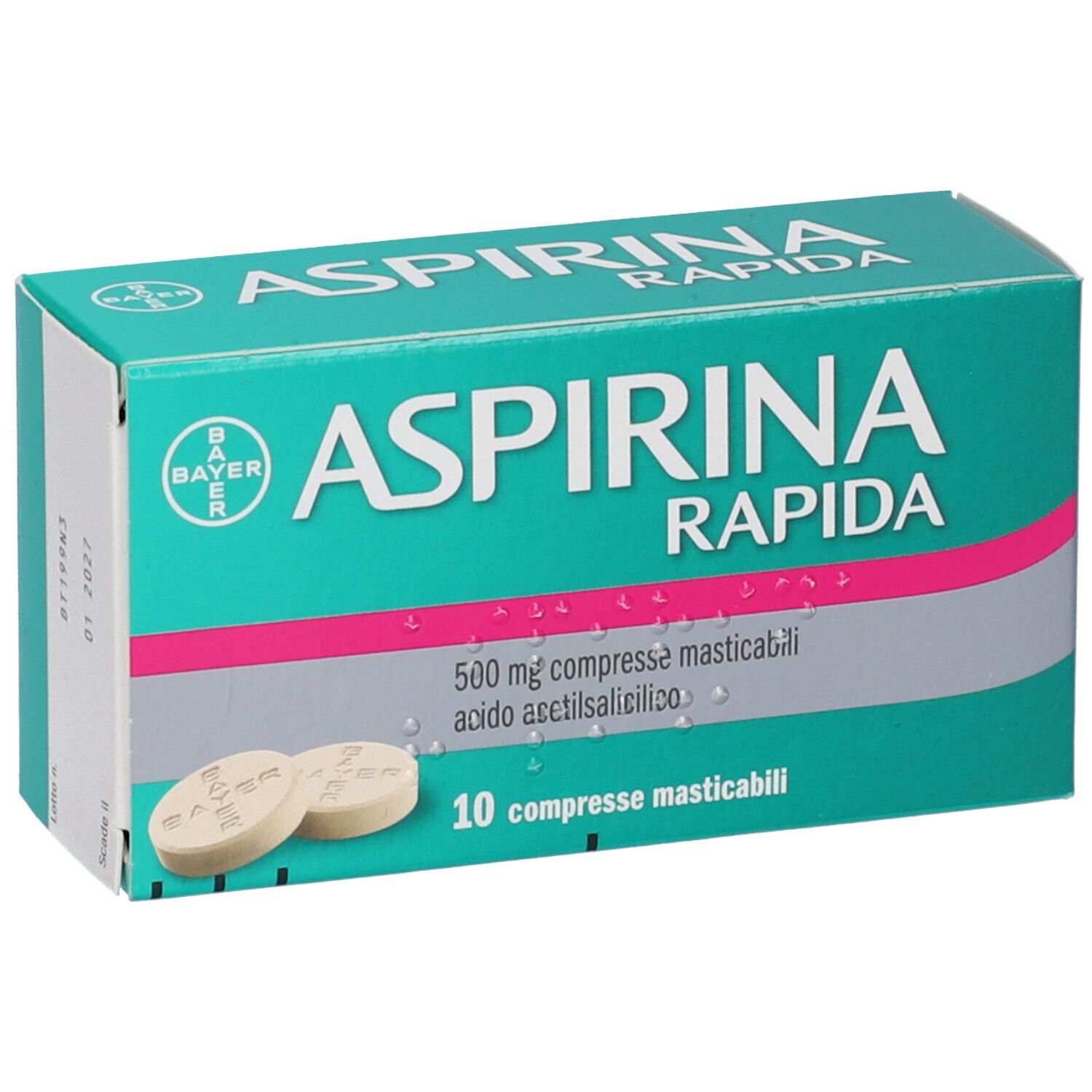 Scatola turchese con scritta bianca ASPIRINA Rapida. Due compresse davanti. Logo Bayer.