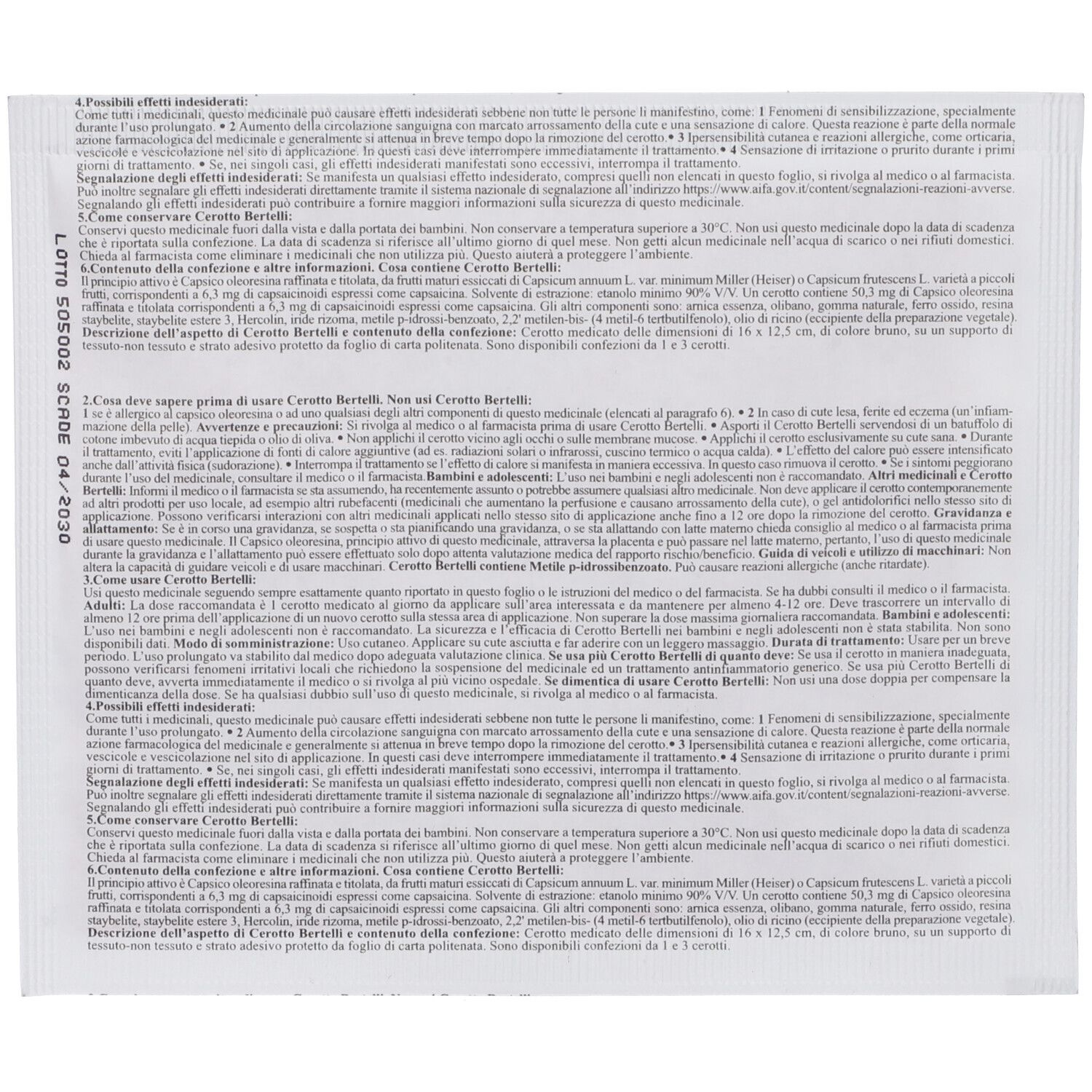 Retro confezione Cerotto Bertelli. Testo in italiano. Data di scadenza.