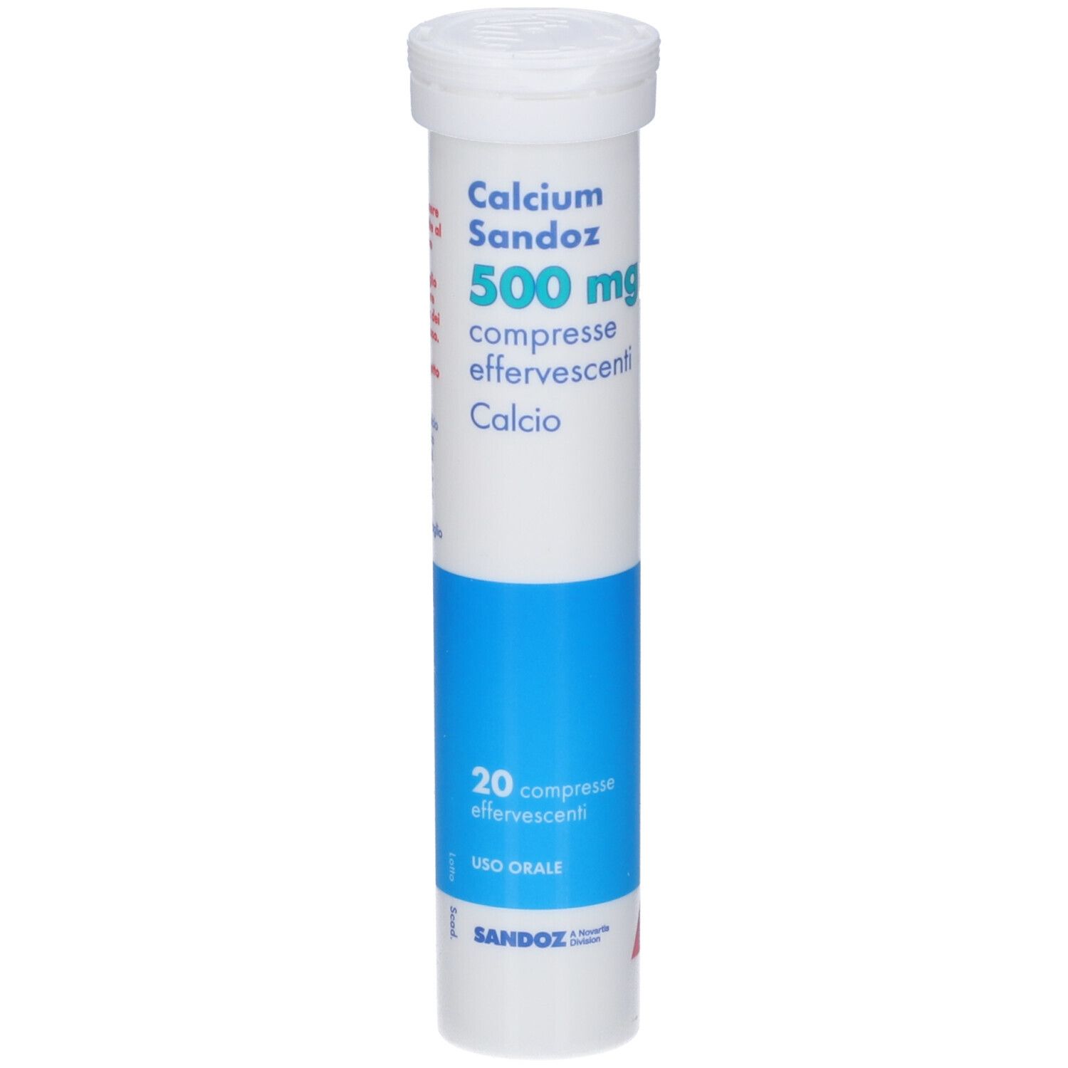 Tubo cilindrico bianco. Scritta: Calcium Sandoz 500 mg, compresse effervescenti, 20 compresse. Banda blu.