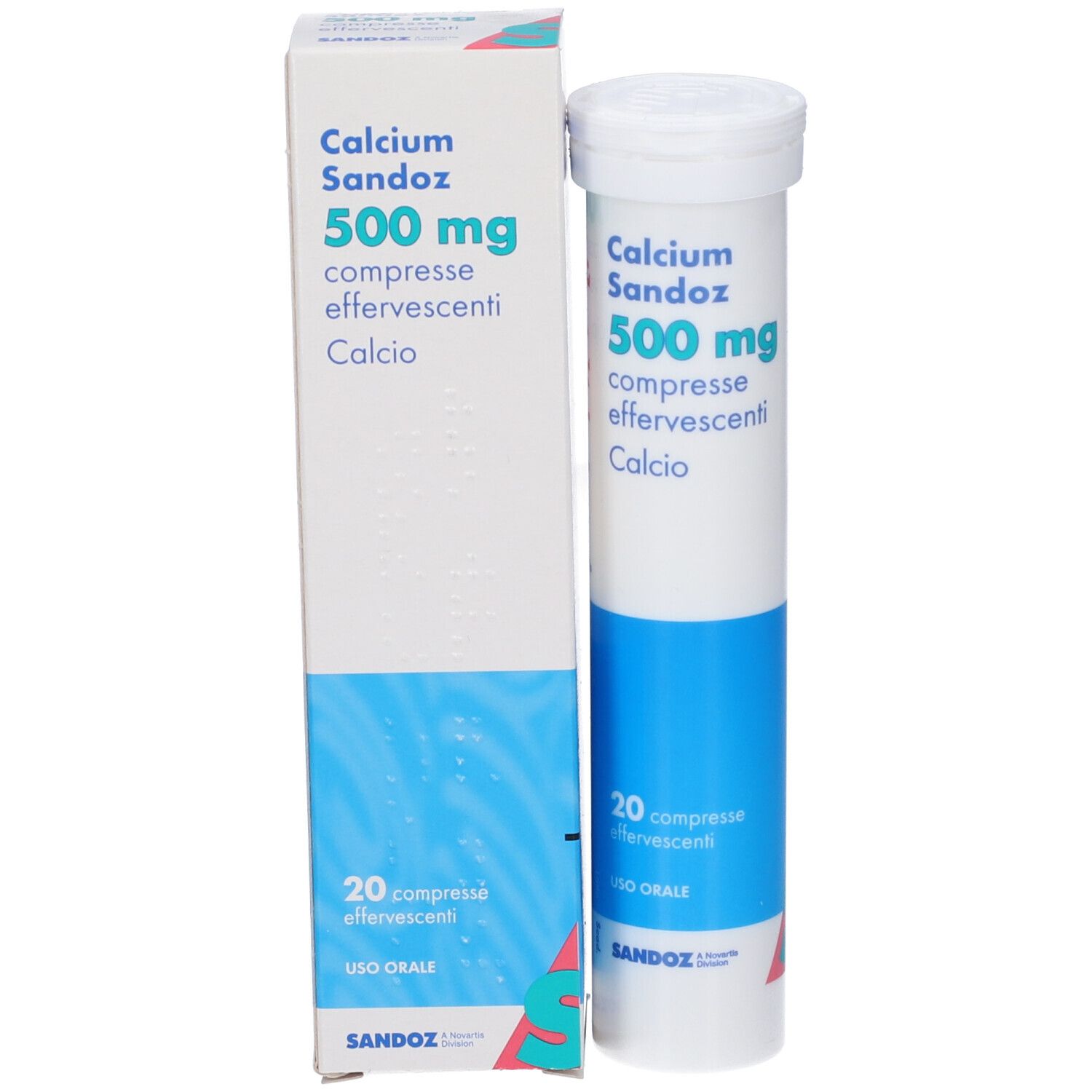 Confezione e tubo. Scritta: Calcium Sandoz 500 mg, compresse effervescenti, 20 compresse. Bianco e blu.