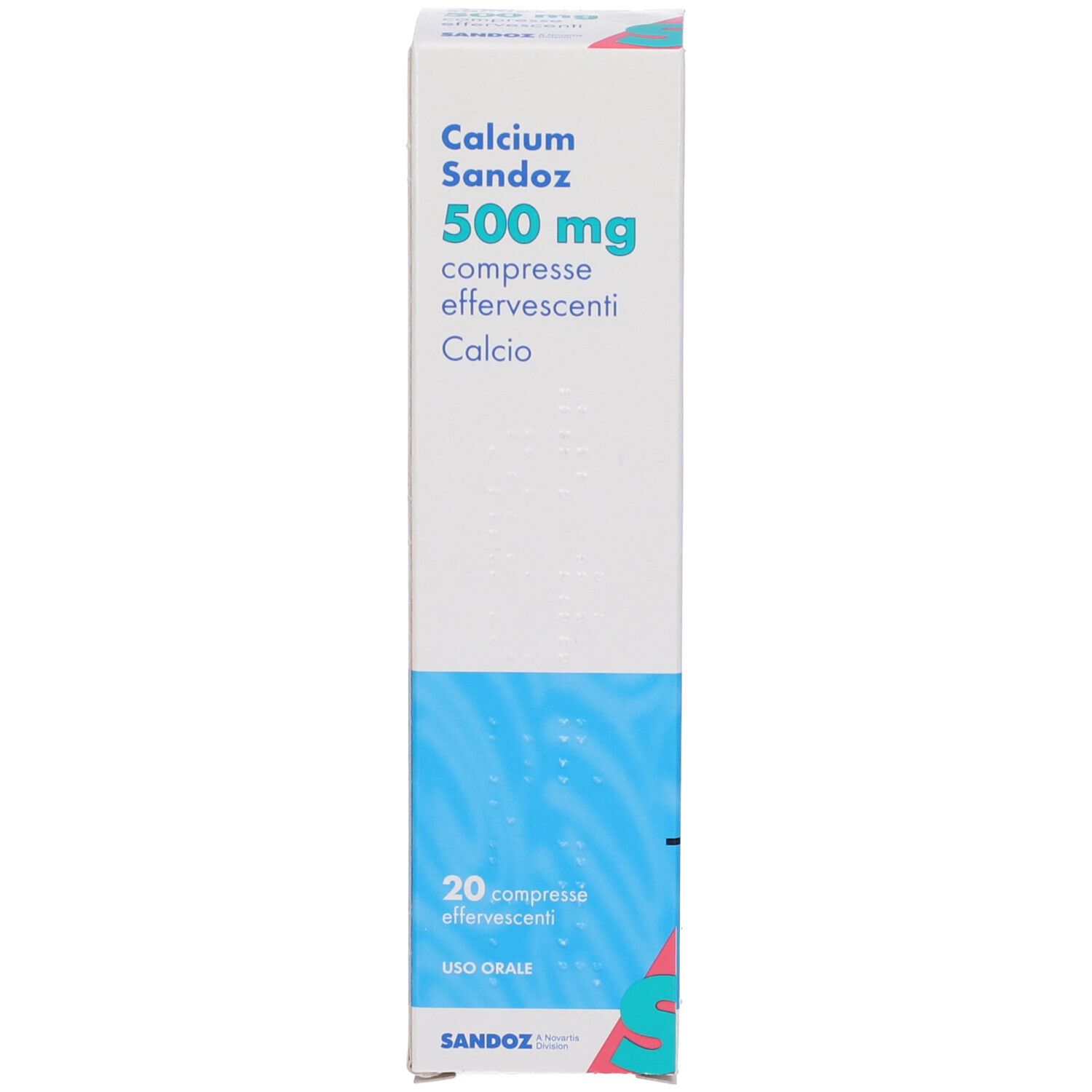 Confezione del prodotto. Scritta: Calcium Sandoz 500 mg, compresse effervescenti, 20 compresse. Bianco e blu.