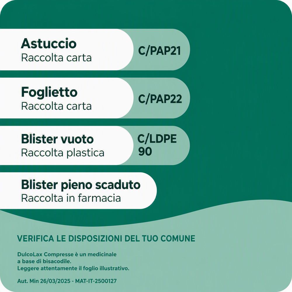 Vista laterale della confezione Dulcolax con informazioni sullo smaltimento.