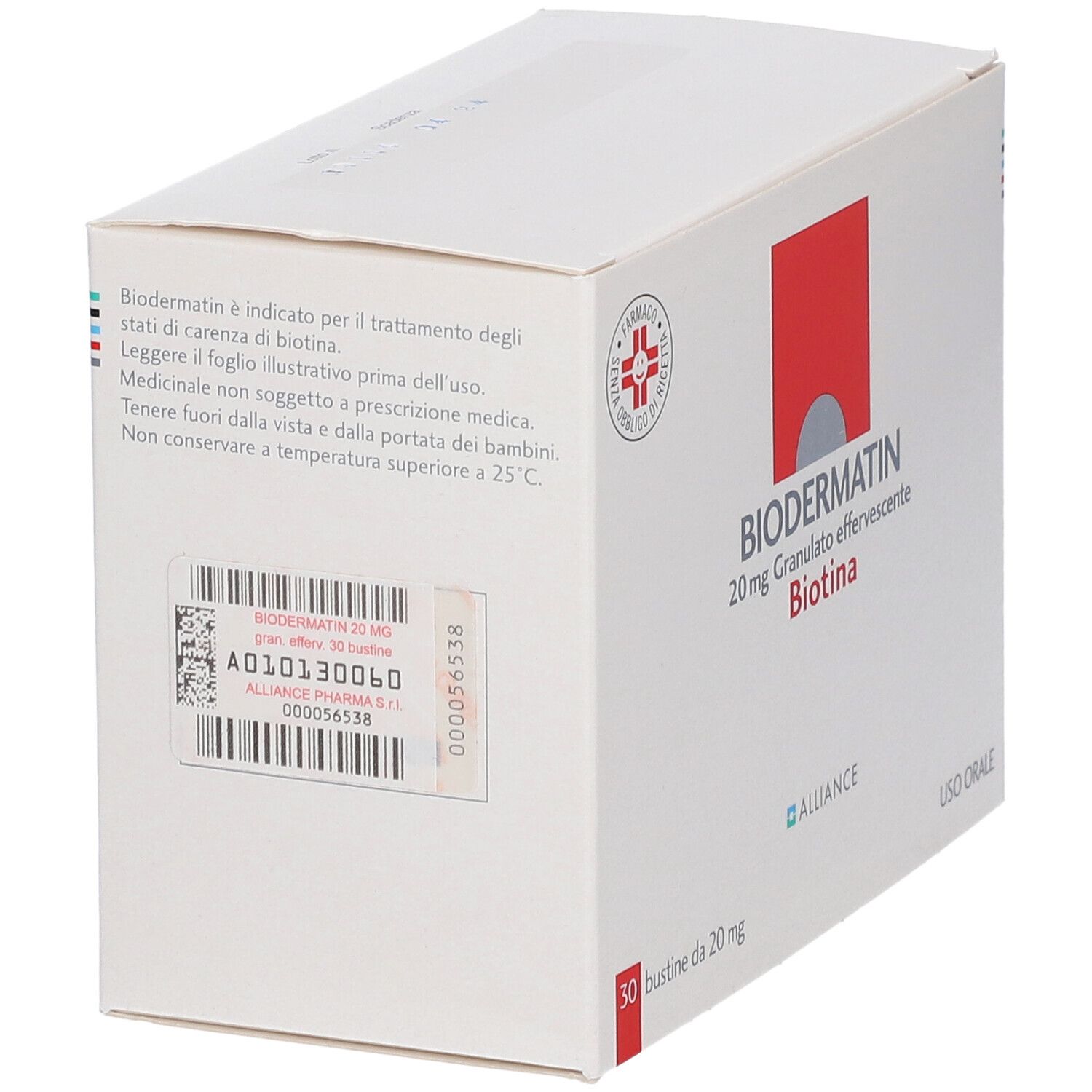 Scatola bianca con quadrato rosso e nome del prodotto. Contiene 30 bustine. Scritto: Biodermatin 20 mg Granulato effervescente Biotina.