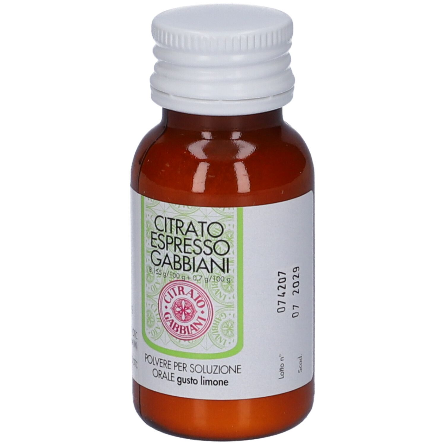 Flacone marrone, tappo bianco. CITRATO ESPRESSO GABBIANI. Polvere orale, gusto limone. Flacone da 43 g.